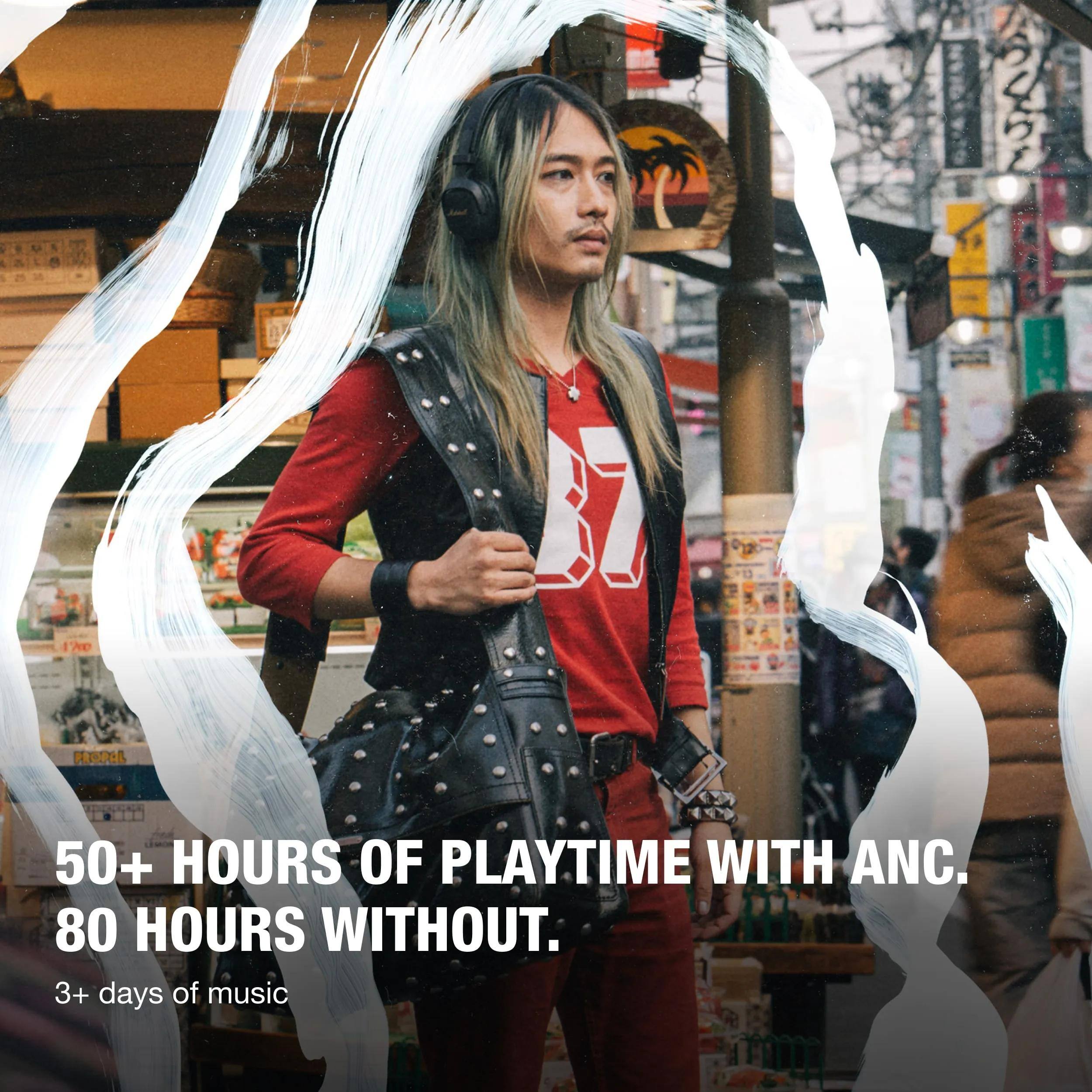 50+ HOURS OF PLAYTIME WITH ANC.  
80 HOURS WITHOUT.  
3+ days of music