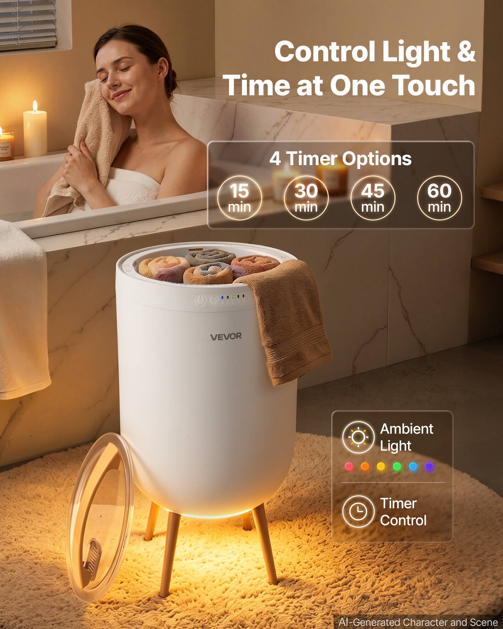 Control Light & Time at One Touch

15 min
4 Timer Options 30 45 60 min

VEVOR

Ambient Light
Timer Control

AI-Generated Character and Scene