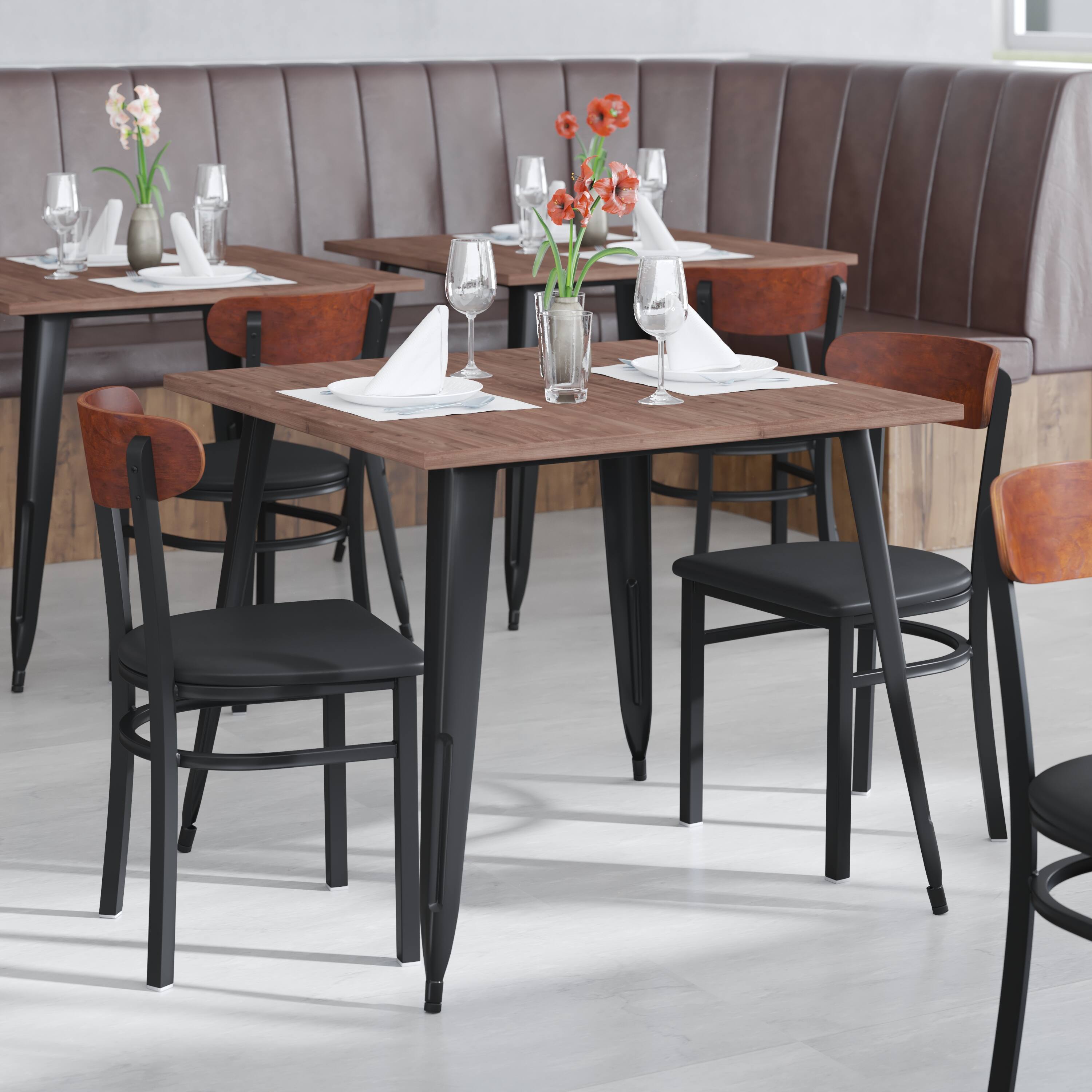 Alt View 3. Emma + Oliver - Yara Industrial Dining Chair with Rolled Steel Frame and Solid Wood Seat - 500 lbs. Static Weight Capacity - Walnut Wood Back/Black Vinyl Seat.