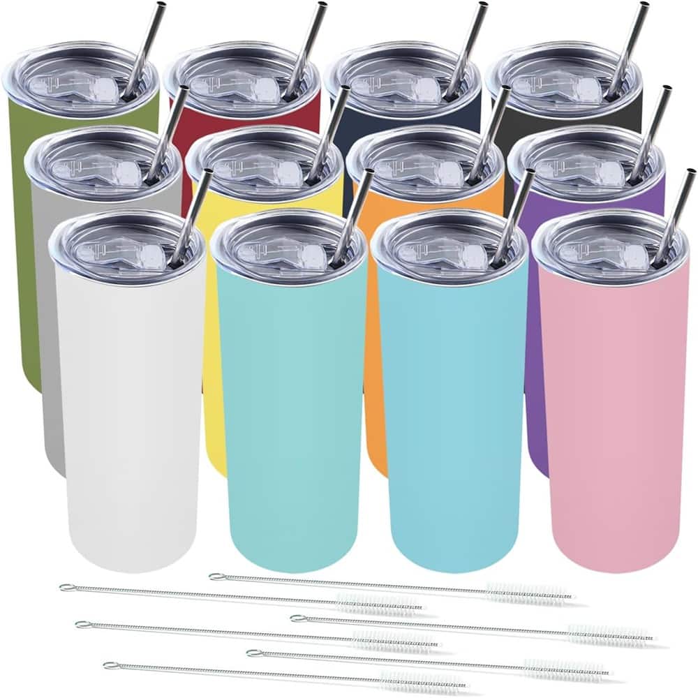 12 Pack 20 oz Slim Tumbler with Lid and Straw, Insulated Double Wall - Multicolor