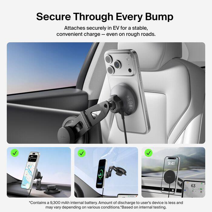 Secure Through Every Bump  
Attaches securely in EV for a stable, convenient charge – even on rough roads.

*Contains a 9,300 mAh internal battery. Amount of discharge to user's device is less and may vary depending on various conditions. *Based on internal testing.
