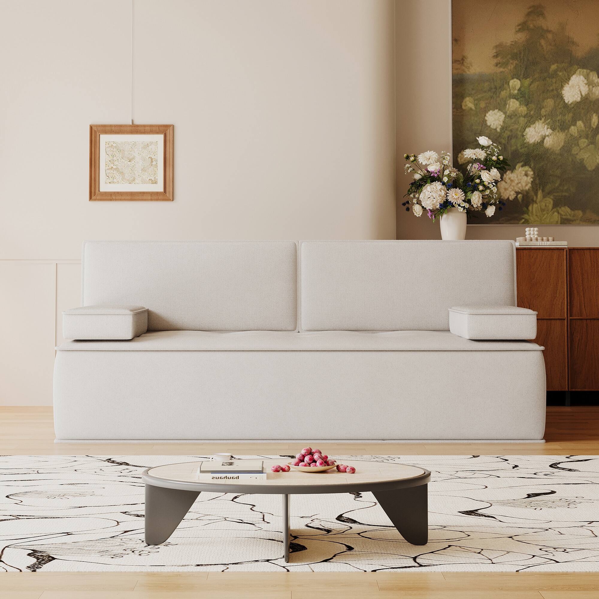 Left. luck idea - 79" Multi-Functional Fabric Sleeper Sofa, Convertible Couch Bed with Supportive Foam Cushion for Apartment & Studio - White.