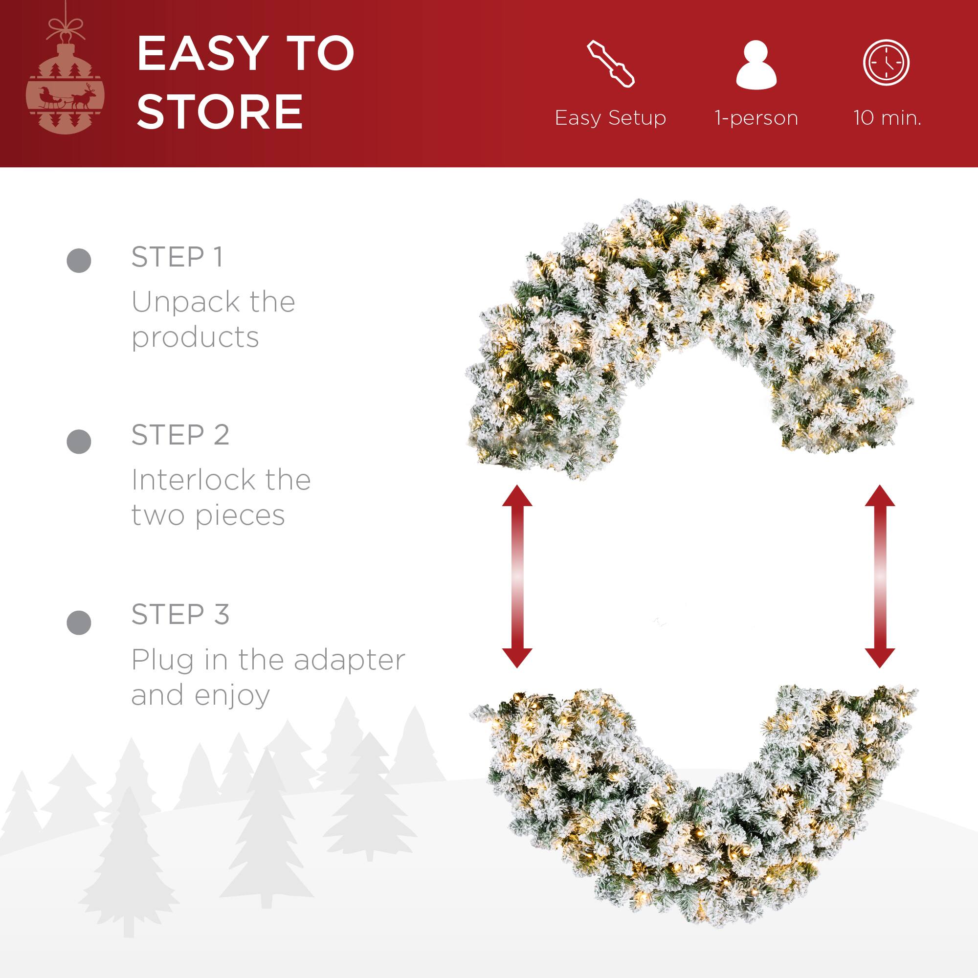 EASY TO STORE

Easy Setup  
1-person  
10 min.

STEP 1  
Unpack the products

STEP 2  
Interlock the two pieces

STEP 3  
Plug in the adapter and enjoy