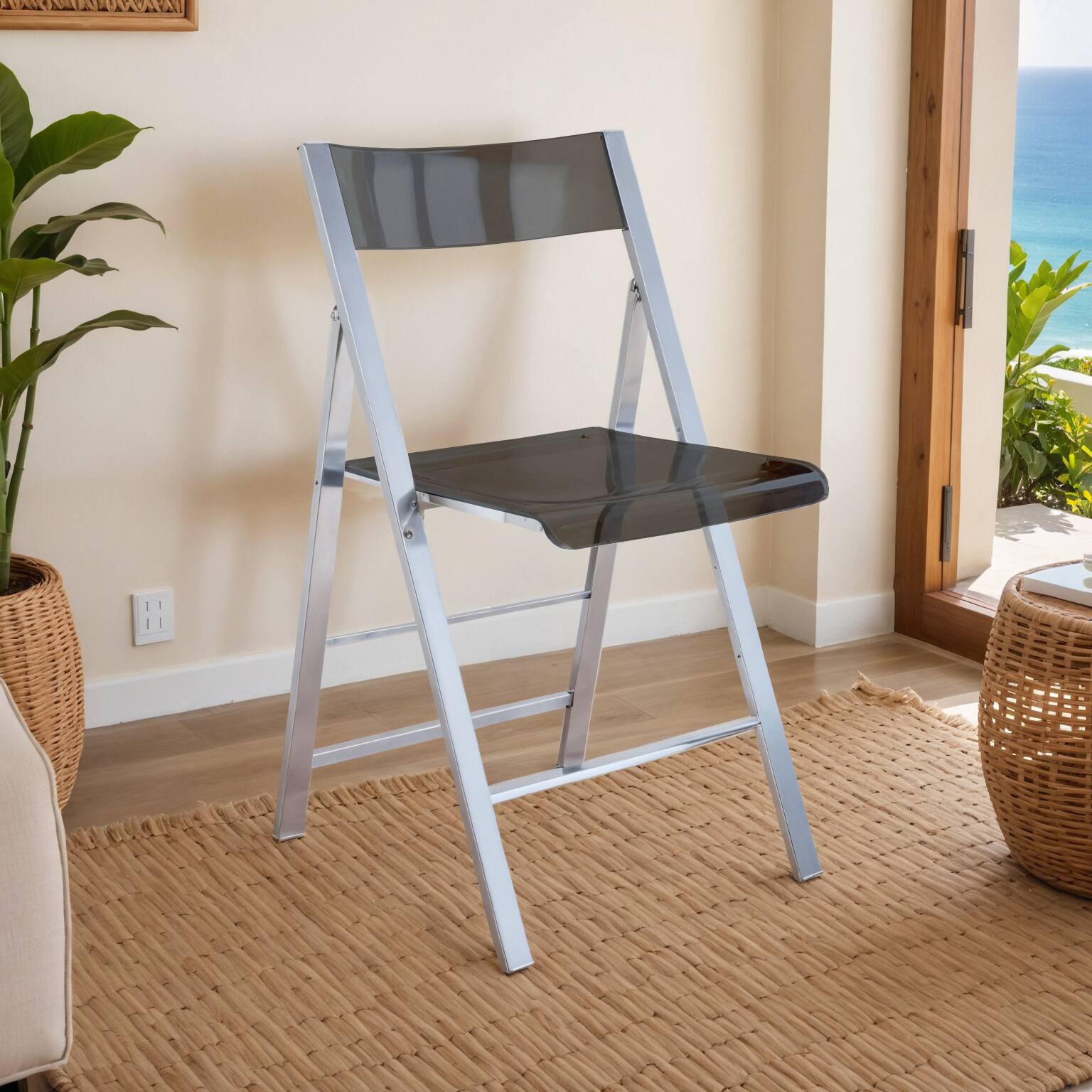 Angle. LeisureMod - Menno 2-PCS Modern Acrylic Open Back Folding Side Chair with Steel Frame & Waterfall Seat, No Assembly - Transparent Black.