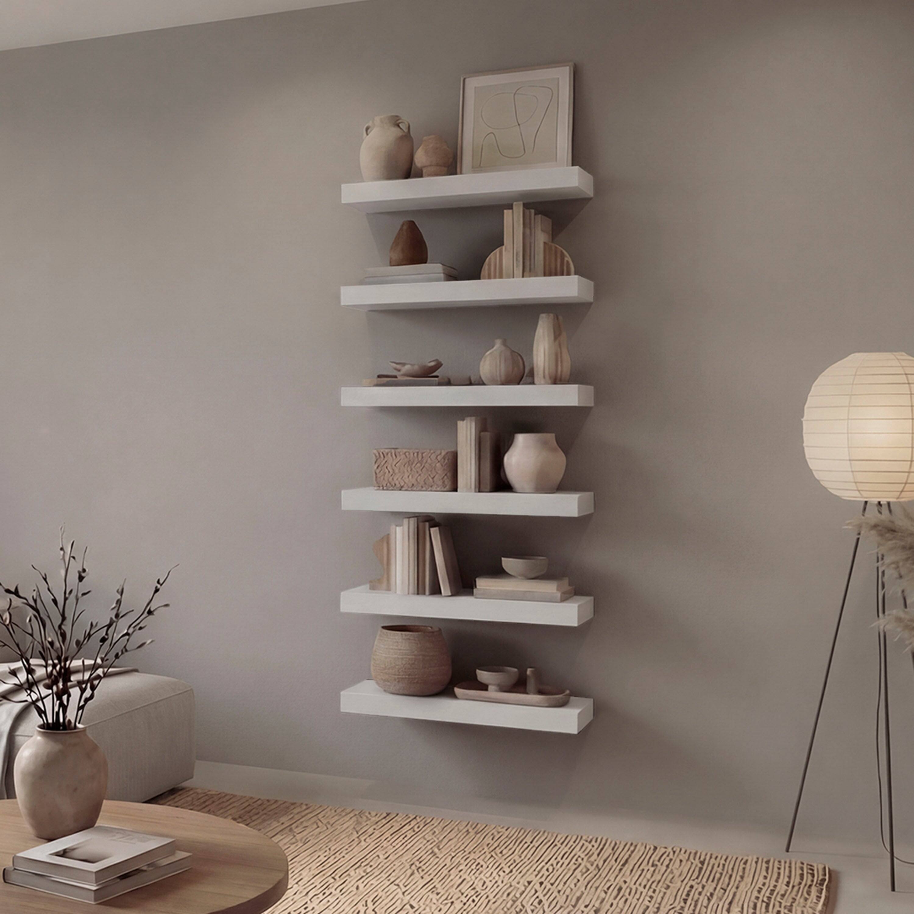Angle. TuHome - 18" x 8" Floating Wall Shelf, Wall-Mounted Display Ledge for Living Room, Bedroom or Office Storage - White.