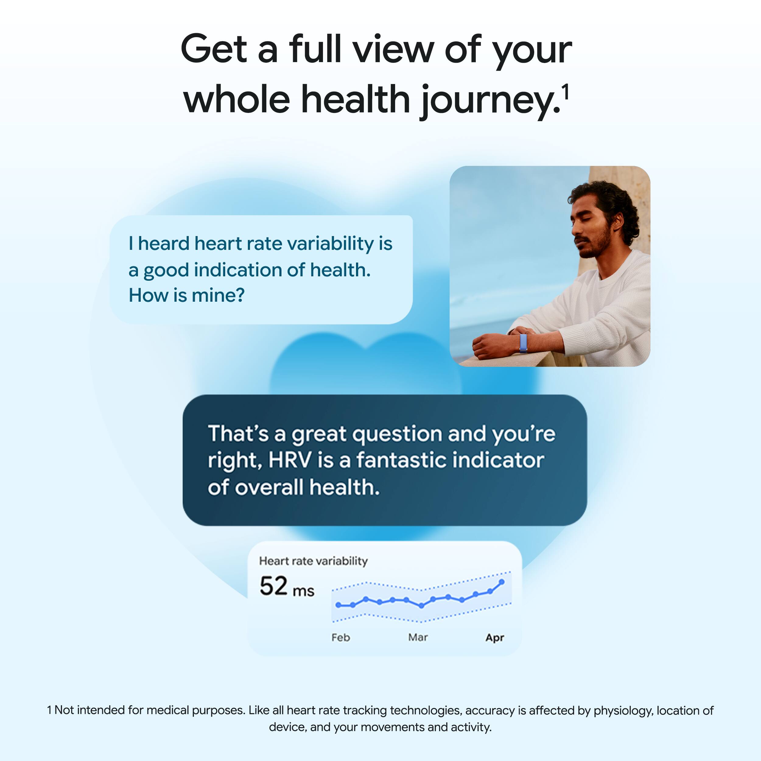Get a full view of your whole health journey.¹

I heard heart rate variability is a good indication of health. How is mine?

That's a great question and you're right, HRV is a fantastic indicator of overall health.

Heart rate variability  
52 ms  
Feb Mar Apr

1 Not intended for medical purposes. Like all heart rate tracking technologies, accuracy is affected by physiology, location of device, and your movements and activity.