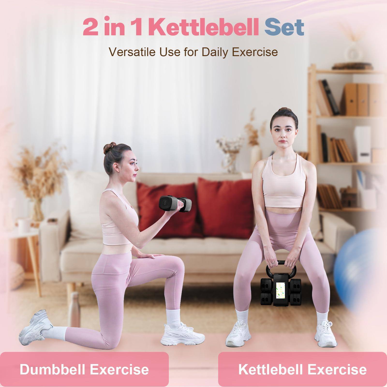 2 in 1 Kettlebell Set  
Versatile Use for Daily Exercise  

Dumbbell Exercise  
Kettlebell Exercise