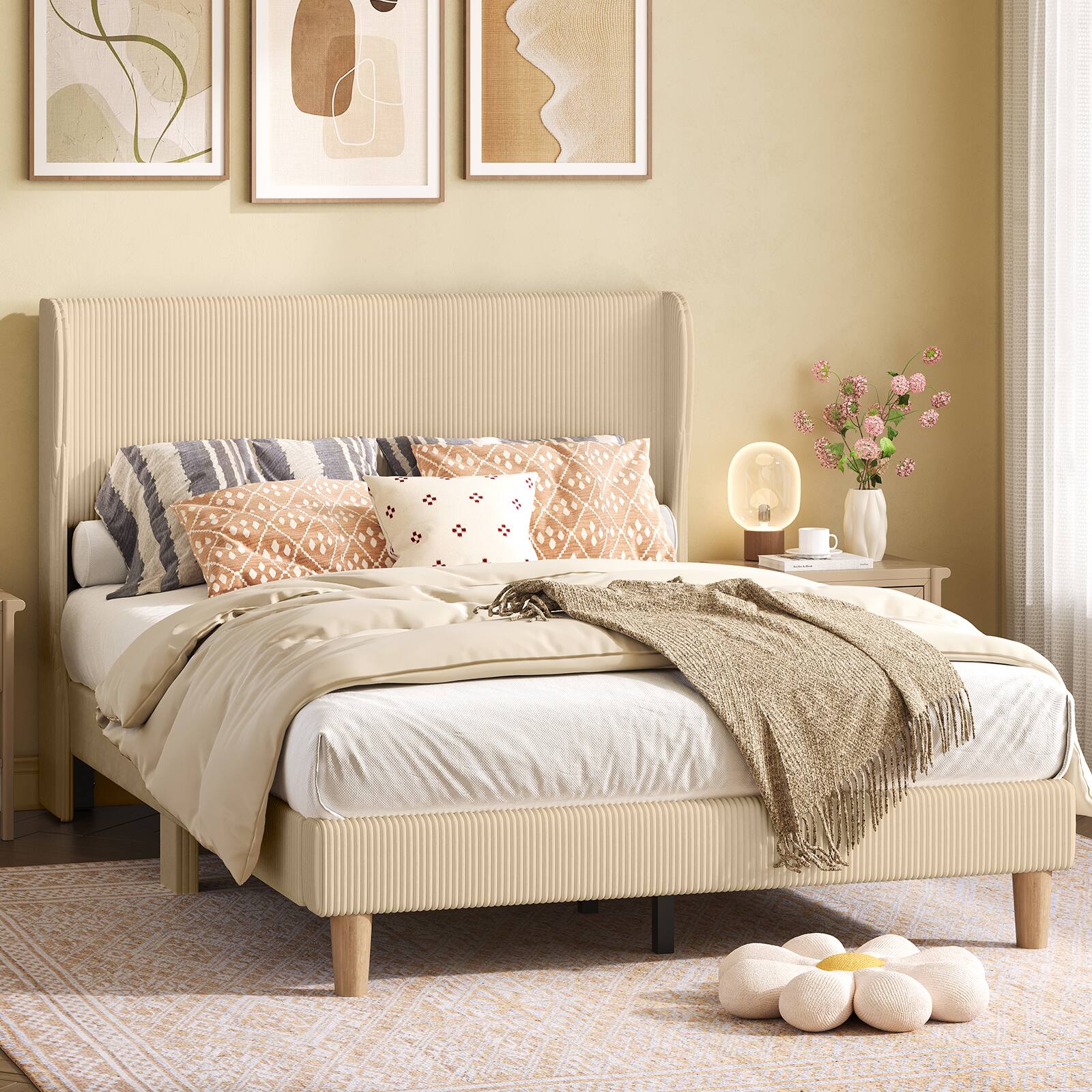 Back. Bestier - Wood Frame Corduroy Upholstered Platform Bed Frame with Wingback Headboard - Taupe.