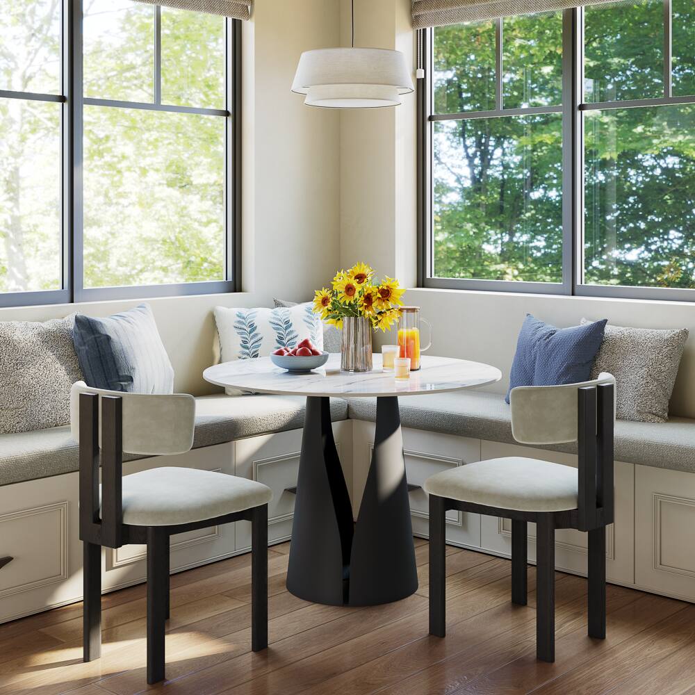Angle. POVISON - 35" Modern Bistro Table for Breakfast Nook & Compact Spaces, Glossy White Sintered Stone Top with Black Metal Base - White.