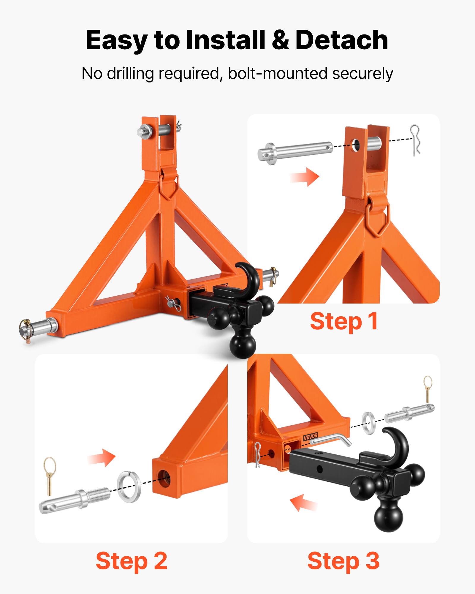 Easy to Install & Detach  
No drilling required, bolt-mounted securely  

Step 1  
Step 2  
Step 3