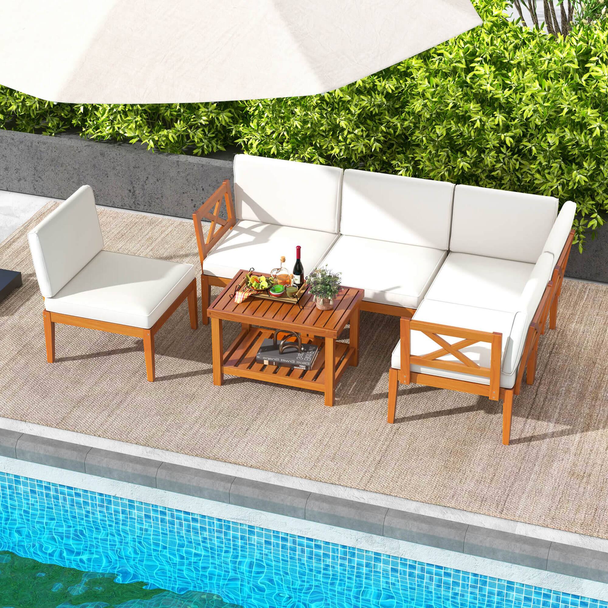 Alt View 1. Costway - 6 PCS Acacia Wood Patio Furniture Set with Cushions and 2-Tier Coffee Table - Off White,Natural.