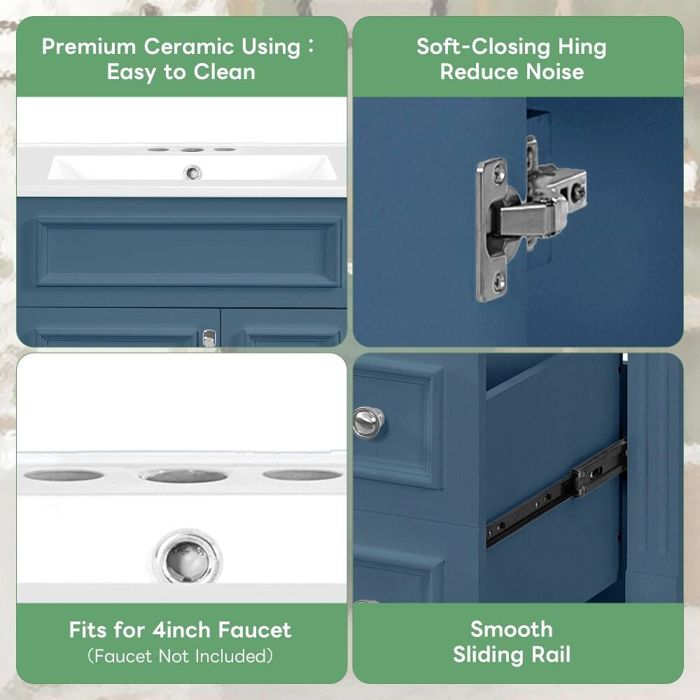 Premium Ceramic Using: Easy to Clean  
Soft-Closing Hinge Reduce Noise  
Fits for 4inch Faucet (Faucet Not Included)  
Smooth Sliding Rail
