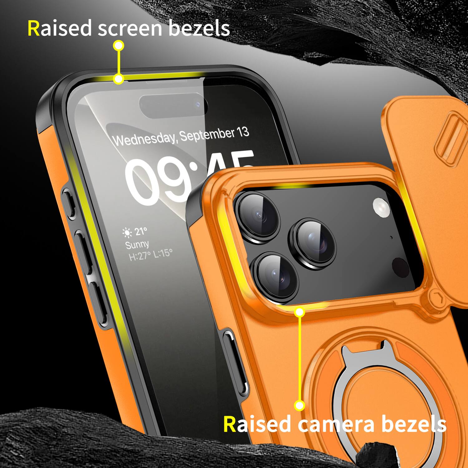 Raised screen bezels  
Wednesday, September 13  
09:45  
Sunny  
H:27 L:15  
Raised camera bezels