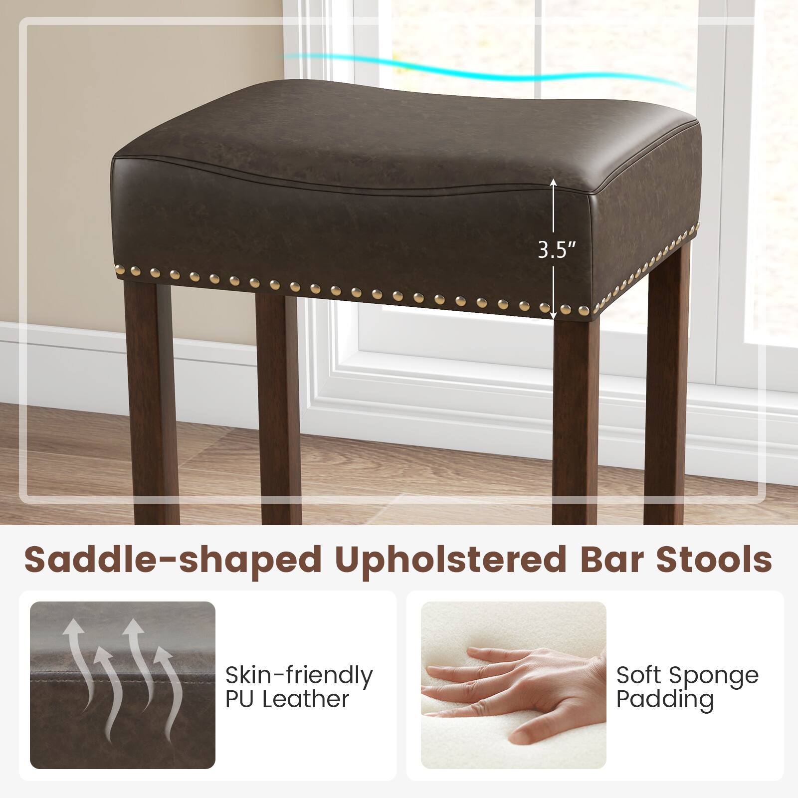 The text on the image is grouped and corrected as follows:

"3.5" Saddle-shaped Upholstered Bar Stools Skin-friendly PU Leather Soft Sponge Padding."