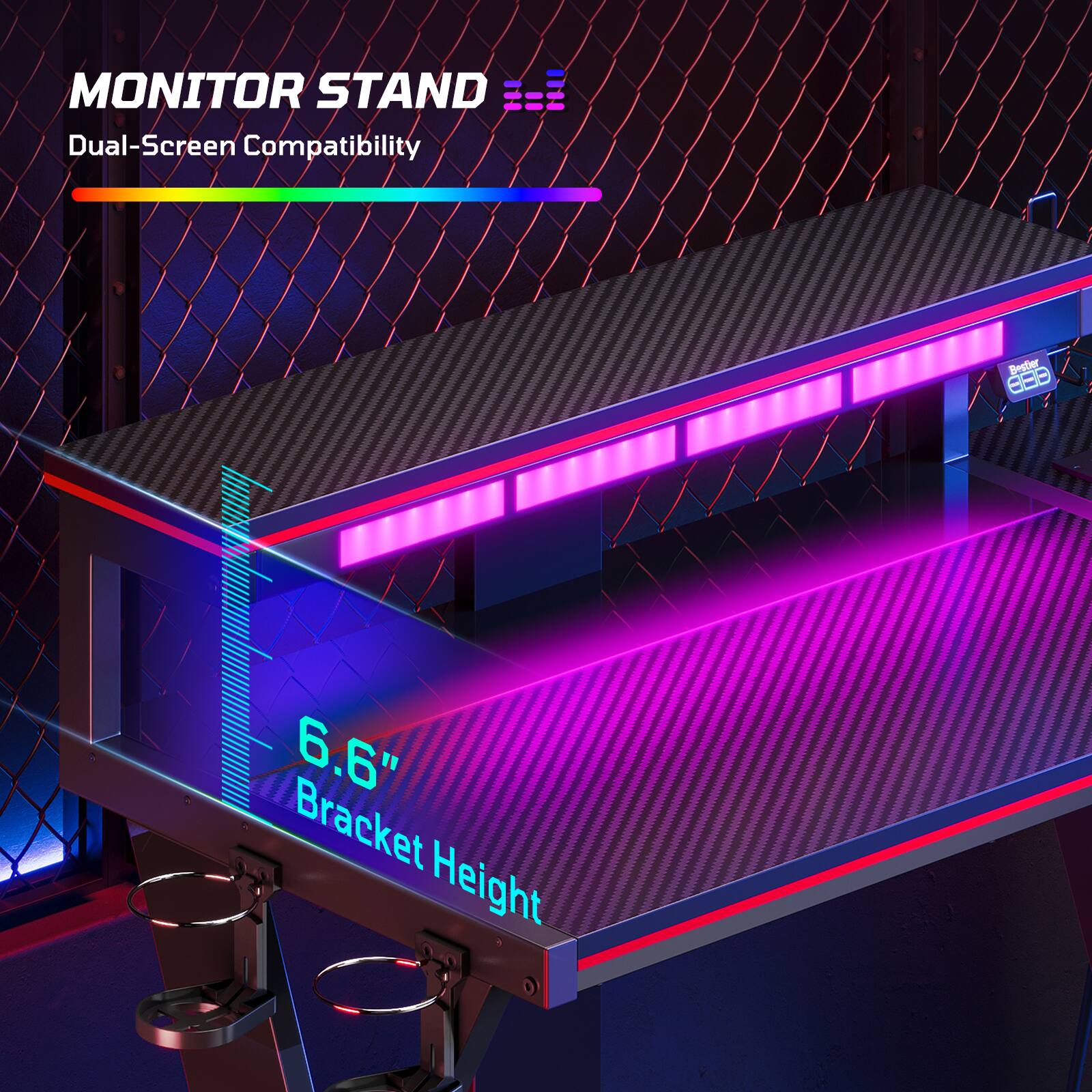 The text on the image reads "MONITOR STAND Dual-Screen Compatibility Besber 8E8 6.6" Bracket Height."