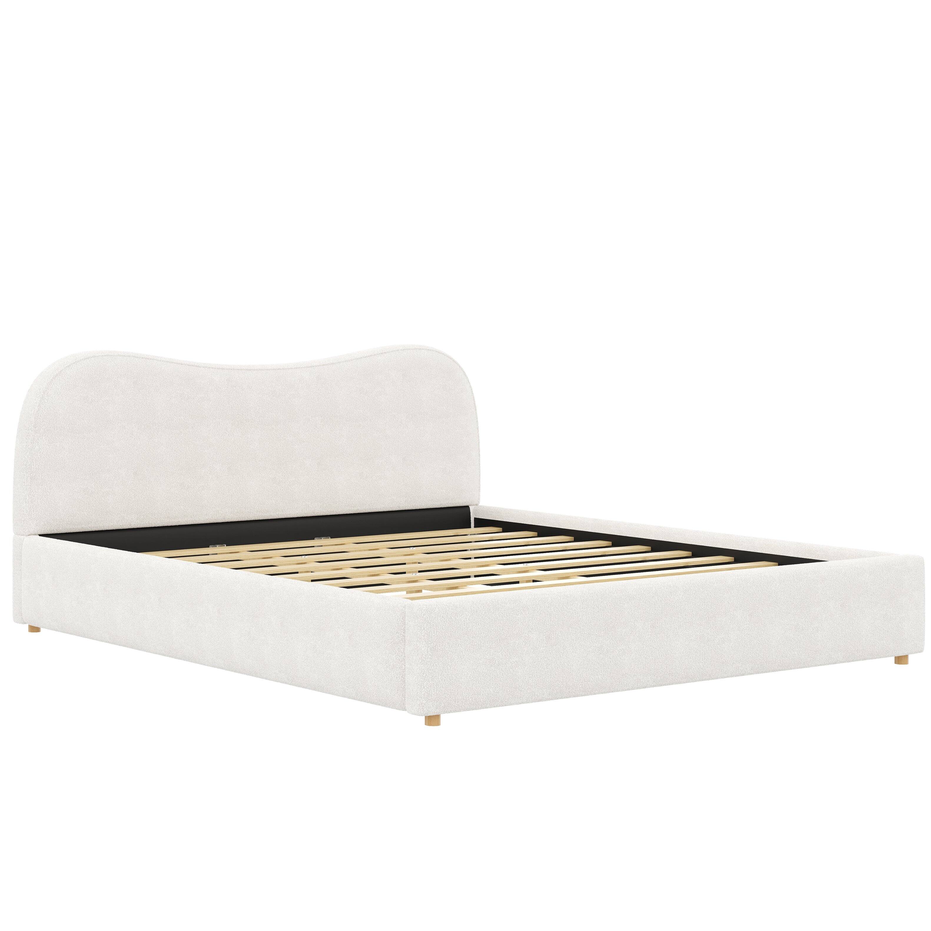 Alt View 1. Whisen - King Size Upholstered Platform Bed Frame with Curved Headboard, Bouclé Fabric Bed for Modern Bedroom - White.
