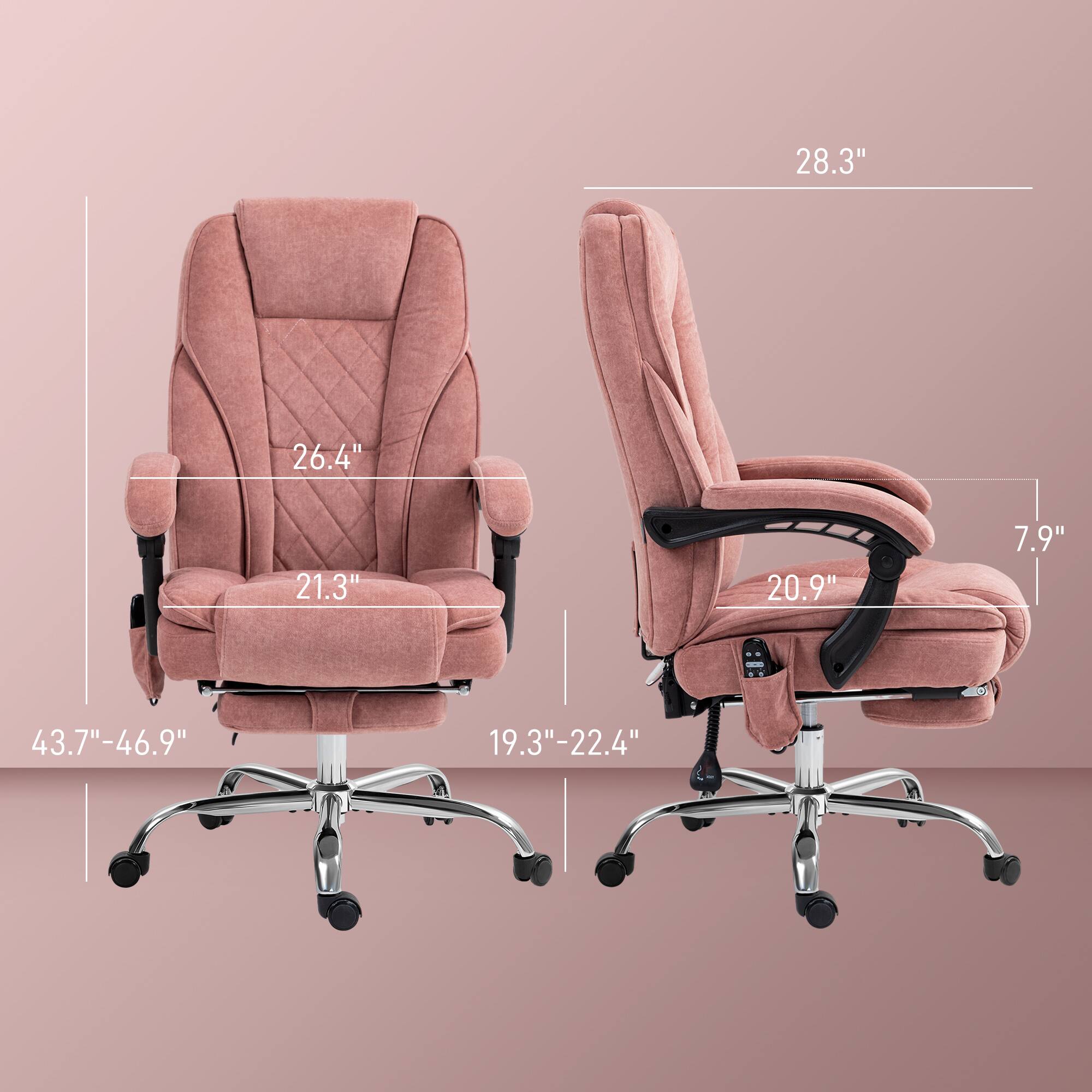Height: 28.3", Width: 26.4", Depth: 21.3", Armrest height: 20.9", Backrest height: 7.9", Seat width: 19.3"-22.4", Seat depth: 43.7"-46.9"