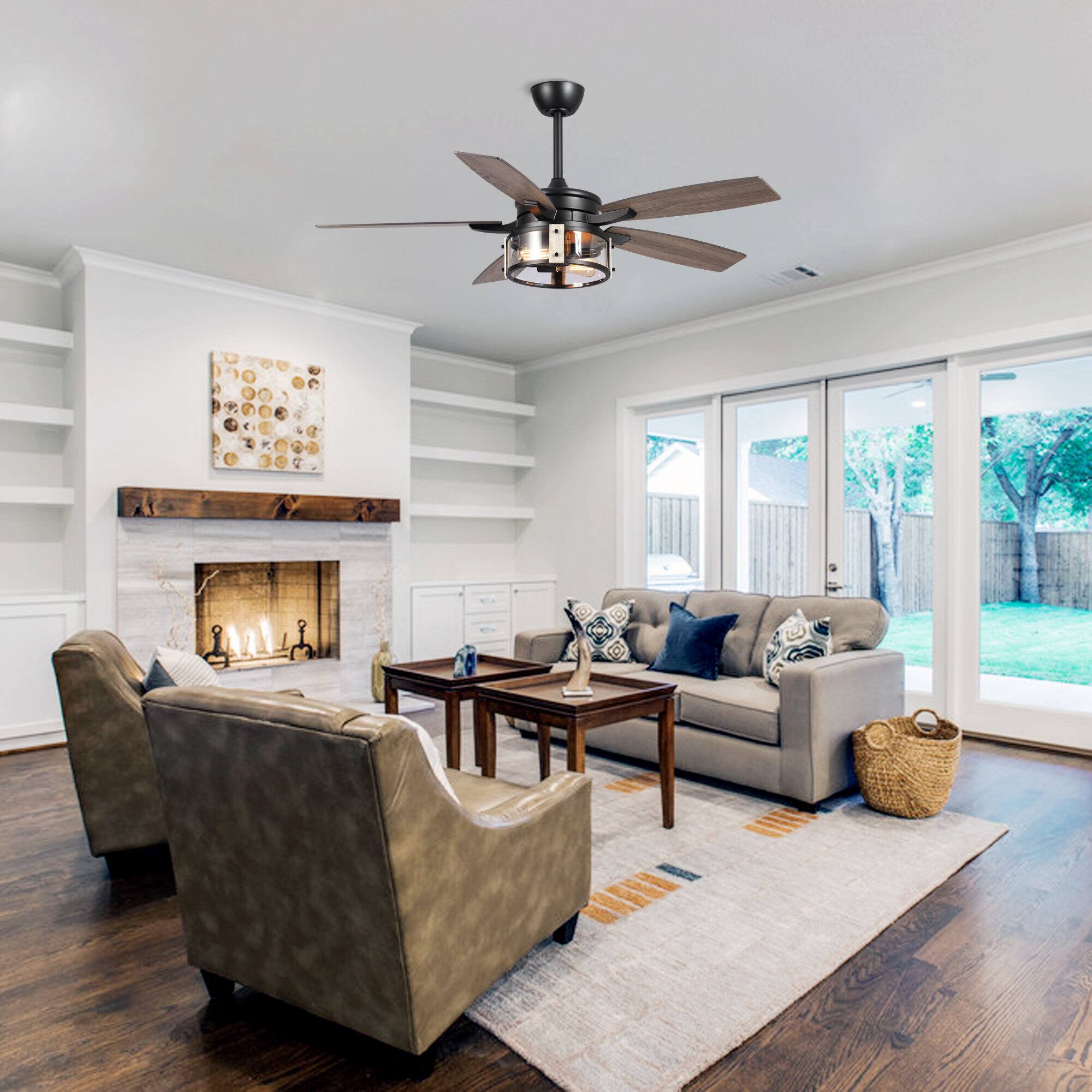 Left. Parrot Uncle - 52" Rustic Black Wood 5-Blade Indoor Ceiling Fan with Remote and Light Kit - Black.