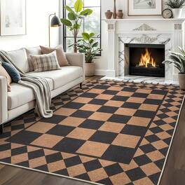 GARVEE - Geometric Area Rug Checkerboard Pattern Washable Non Slip Low Pile for Modern High Traffic Living Rooms & Hallways - Black Brown