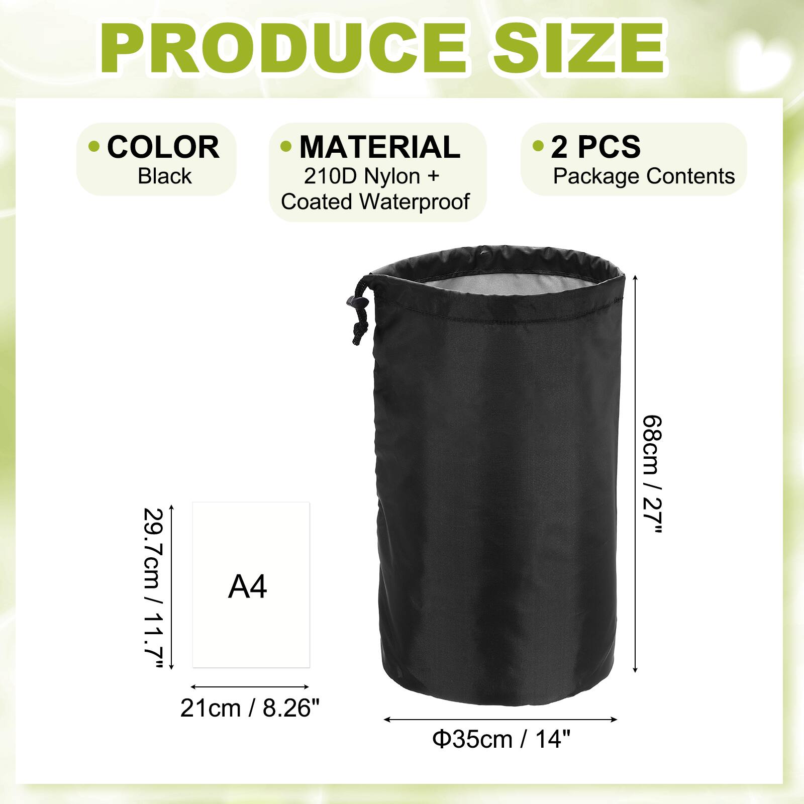 - **Color:** Black
- **Material:** 210D Nylon + Coated Waterproof
- **Package Contents:** 2 PCS
- **Size:**
  - Height: 68cm / 27"
  - Width: 29.7cm / 11.7"
  - Diameter: 35cm / 14"
  - A4 Size: 21cm / 8.26"