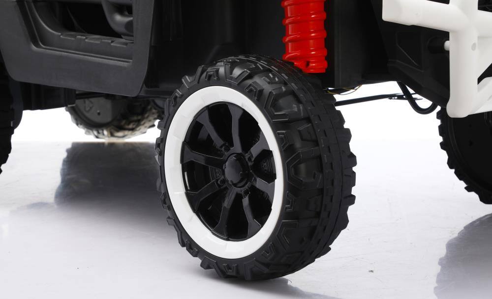 Alt View 4. BreeBe - 24V 2-Seater Ride On Dump Truck, 4WD 6-Wheel UTV with Remote, Electric Dump Bed, Shovel, LED Lights & Music, Ages 3+ - White.