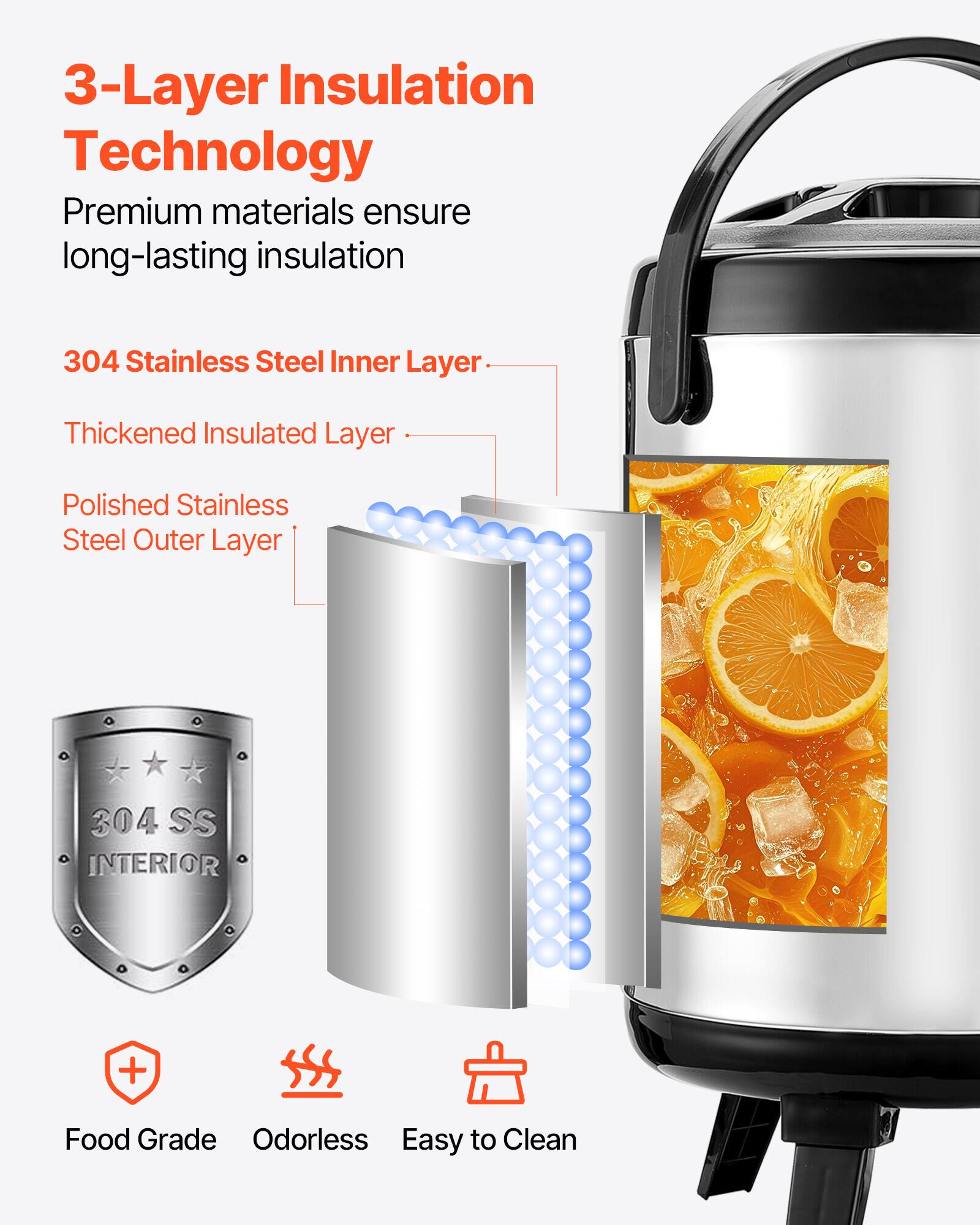 3-Layer Insulation Technology  
Premium materials ensure long-lasting insulation  

304 Stainless Steel Inner Layer  
Thickened Insulated Layer  
Polished Stainless Steel Outer Layer  

304 SS INTERIOR  
Food Grade  
Odorless  
Easy to Clean