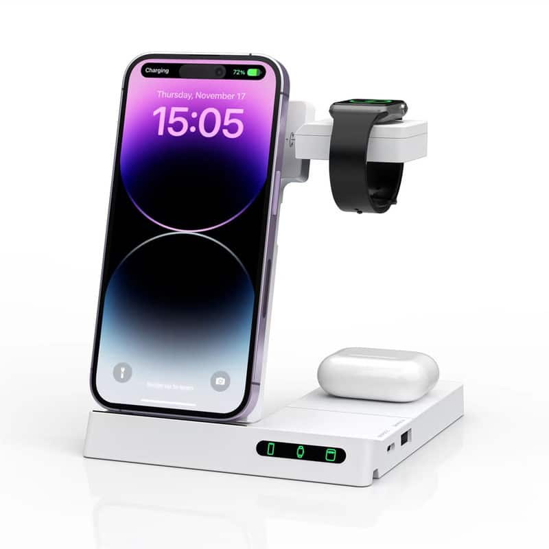 RISOKEYS - Foldable 3-in-1 Wireless Charging Stand - Power Adapter Compatible with Apple, Fast-Charging Wireless Charger Station - White