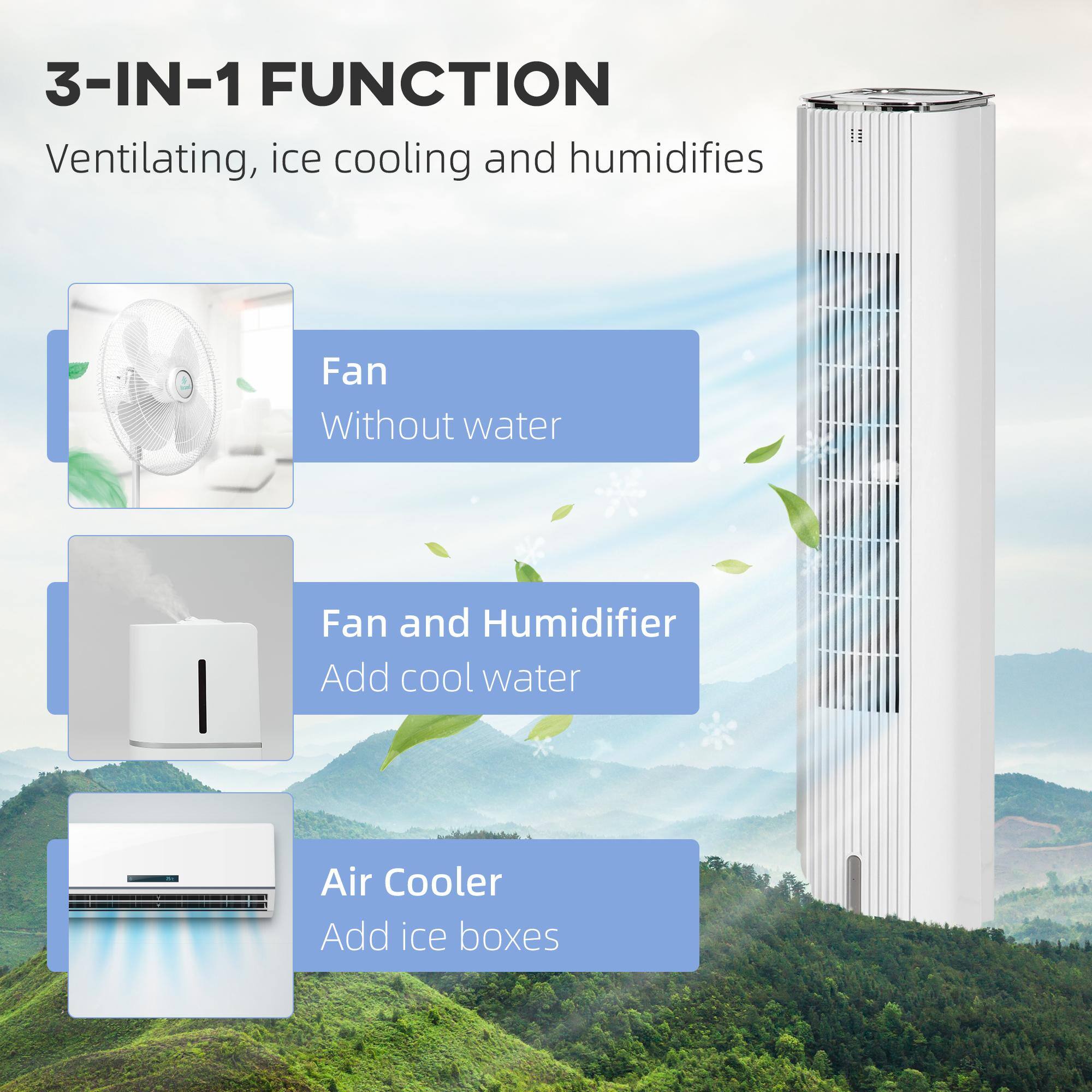 3-IN-1 FUNCTION  
Ventilating, ice cooling and humidifies  

Fan  
Without water  

Fan and Humidifier  
Add cool water  

Air Cooler  
Add ice boxes