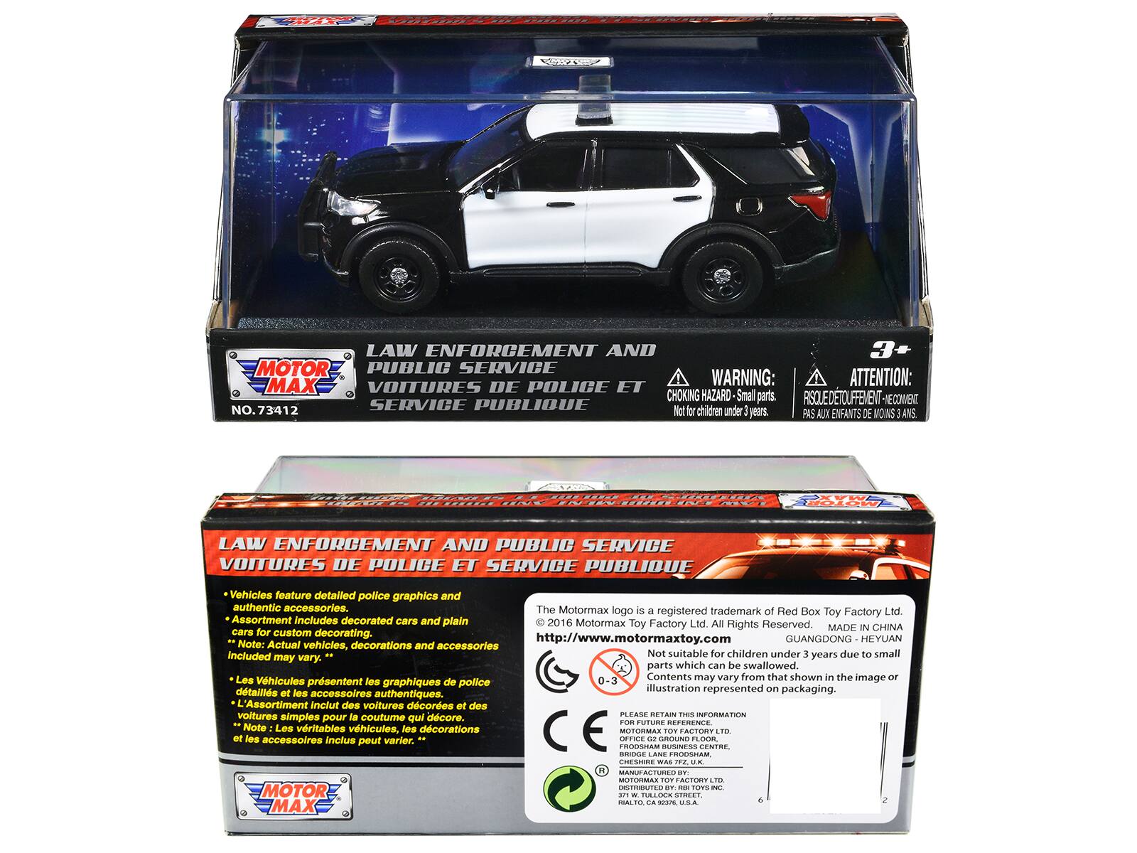 LAW ENFORCEMENT AND PUBLIC SERVICE  
VOITURES DE POLICE ET SERVICE PUBLIC

WARNING: ATTENTION:  
CHOKING HAZARD - Small parts. Not for children under 3 years.  
RISQUE DE TOUFFEMENT - NE CONVIENT PAS AUX ENFANTS DE MOINS DE 3 ANS

Vehicles feature detailed police graphics and authentic accessories.  
Les véhicules présentent les graphiques de police et des accessoires authentiques.

The Motormax logo is a registered trademark of Red Box Ltd.  
Toy Factory Assortment includes decorated cars and plain cars for custom decorating.  
L'Assortiment inclut des voitures décorées et des voitures simples pour la décoration.

Note: Actual vehicles, decorations and accessories included may vary.  
Note : Les véritables véhicules, les décorations et les accessoires inclus peuvent varier.

Not suitable for children under 3 years due to small parts which can be swallowed.  
Ne convient pas aux enfants de moins de 3 ans en raison des petites pièces qui peuvent être avalées.

Contents may vary from that shown in the image or illustration represented on packaging.  
Les contenus peuvent varier par rapport à ceux