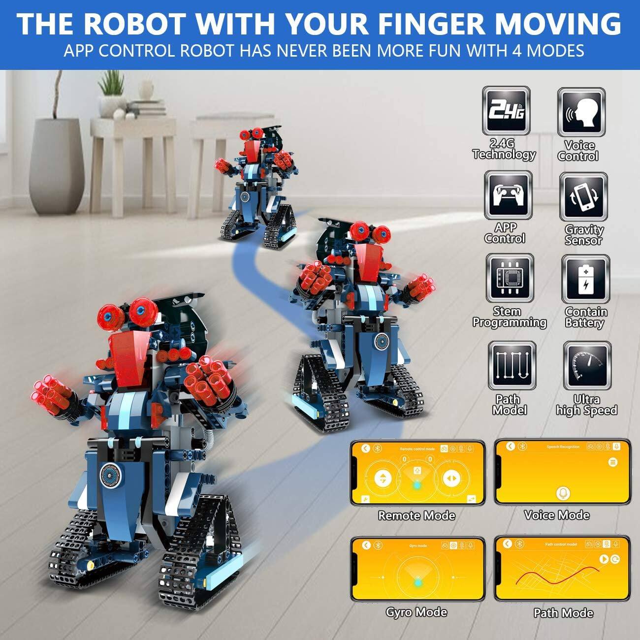 THE ROBOT WITH YOUR FINGER MOVING  
APP CONTROL ROBOT HAS NEVER BEEN MORE FUN WITH 4 MODES  

- 2.4G Voice Technology  
- APP Control  
- Gravity Sensor  
- Stem Programming  
- Battery  
- Path Model  
- Ultra high Speed  

- Remote Mode  
- Voice Mode  
- Gyro Mode  
- Path Mode