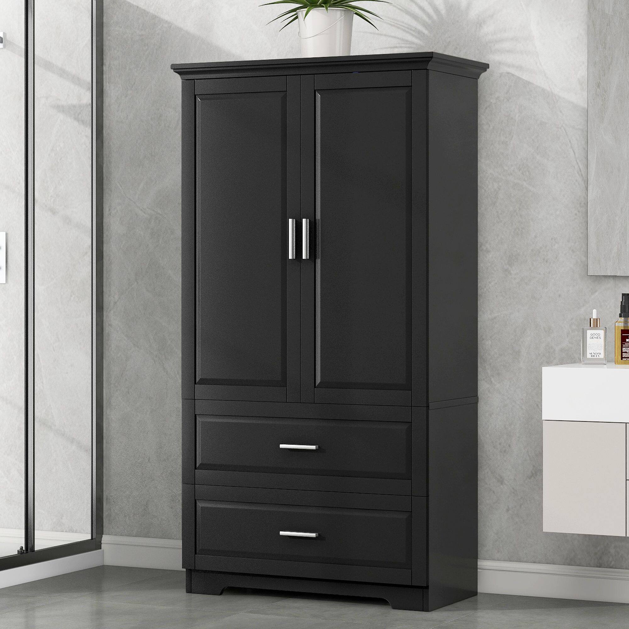 Angle. Mirfee - Tall Bathroom Storage Cabinet with 2 Doors, Drawers, Adjustable Shelf, MDF - Black.