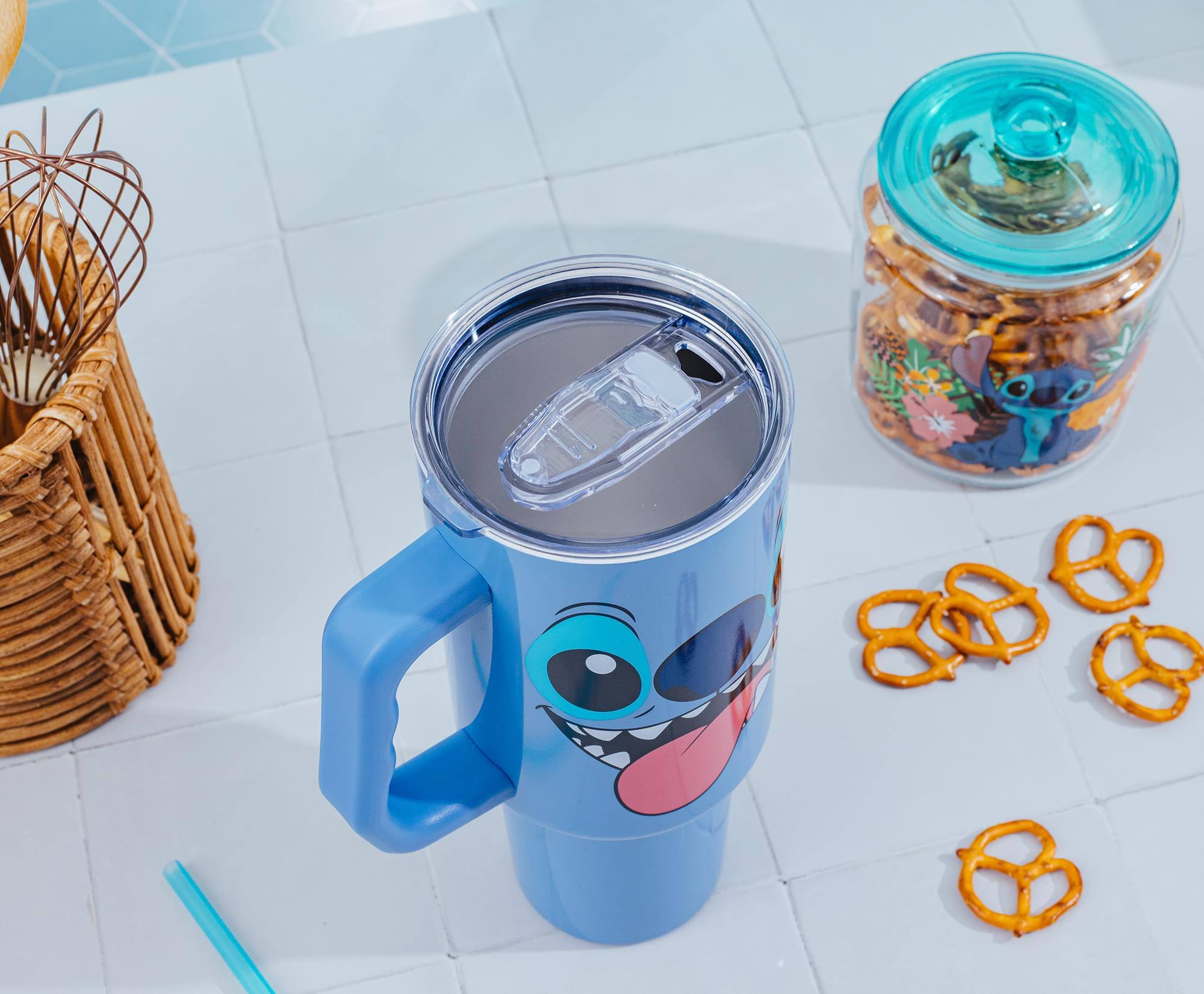 Alt View 3. Silver Buffalo - Disney Lilo & Stitch Face Stainless Steel Tumbler With Handle | Holds 40 Ounces - Blue.