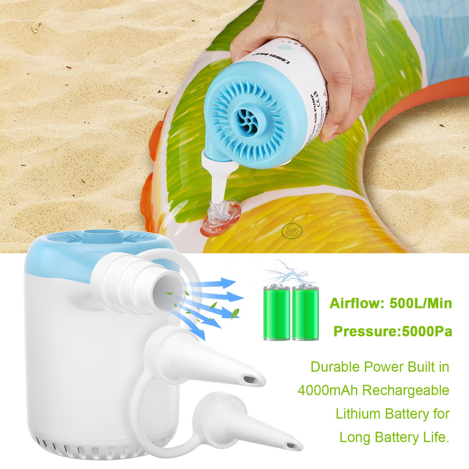 Airflow: 500L/Min Pressure:5000Pa Durable Power Built in 4000mAh Rechargeable Lithium Battery for Long Battery Life.