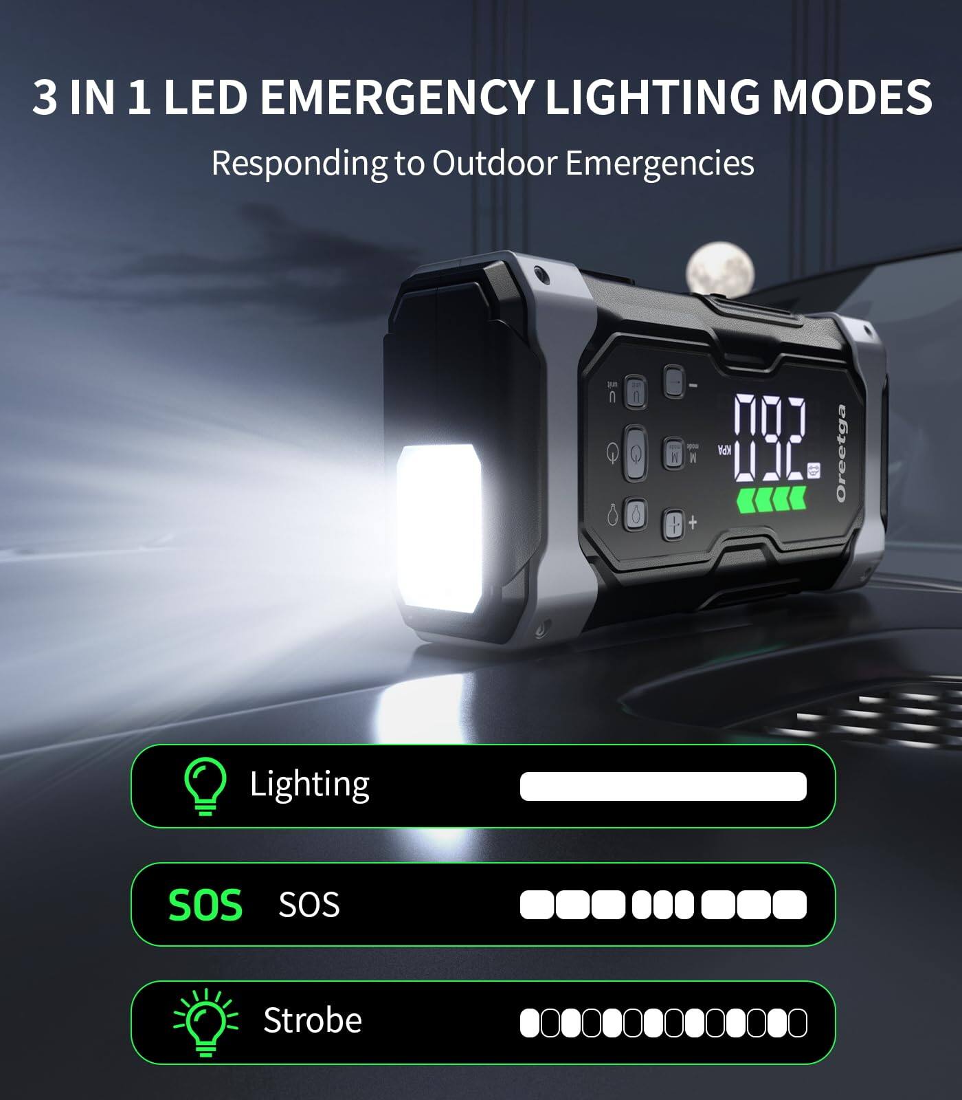 3 IN 1 LED EMERGENCY LIGHTING MODES  
Responding to Outdoor Emergencies  

Lighting  
SOS  
Strobe