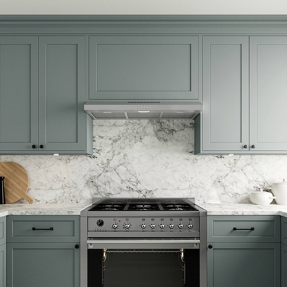 Left. Streamline - 36 in. Spoleto Ducted Undermount 80 CFM Range Hood, Mesh Filters, Push Button Control, LED Light - Brushed Stainless Steel.