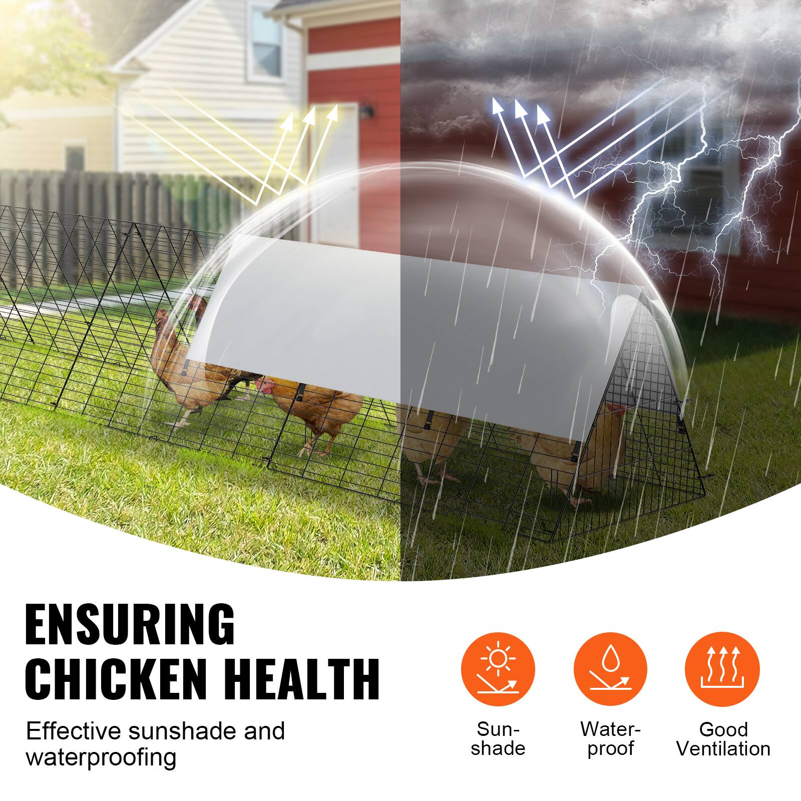 ENSURING CHICKEN HEALTH  
Effective sunshade and waterproofing  

Sun-shade  
Water-proof  
Good Ventilation