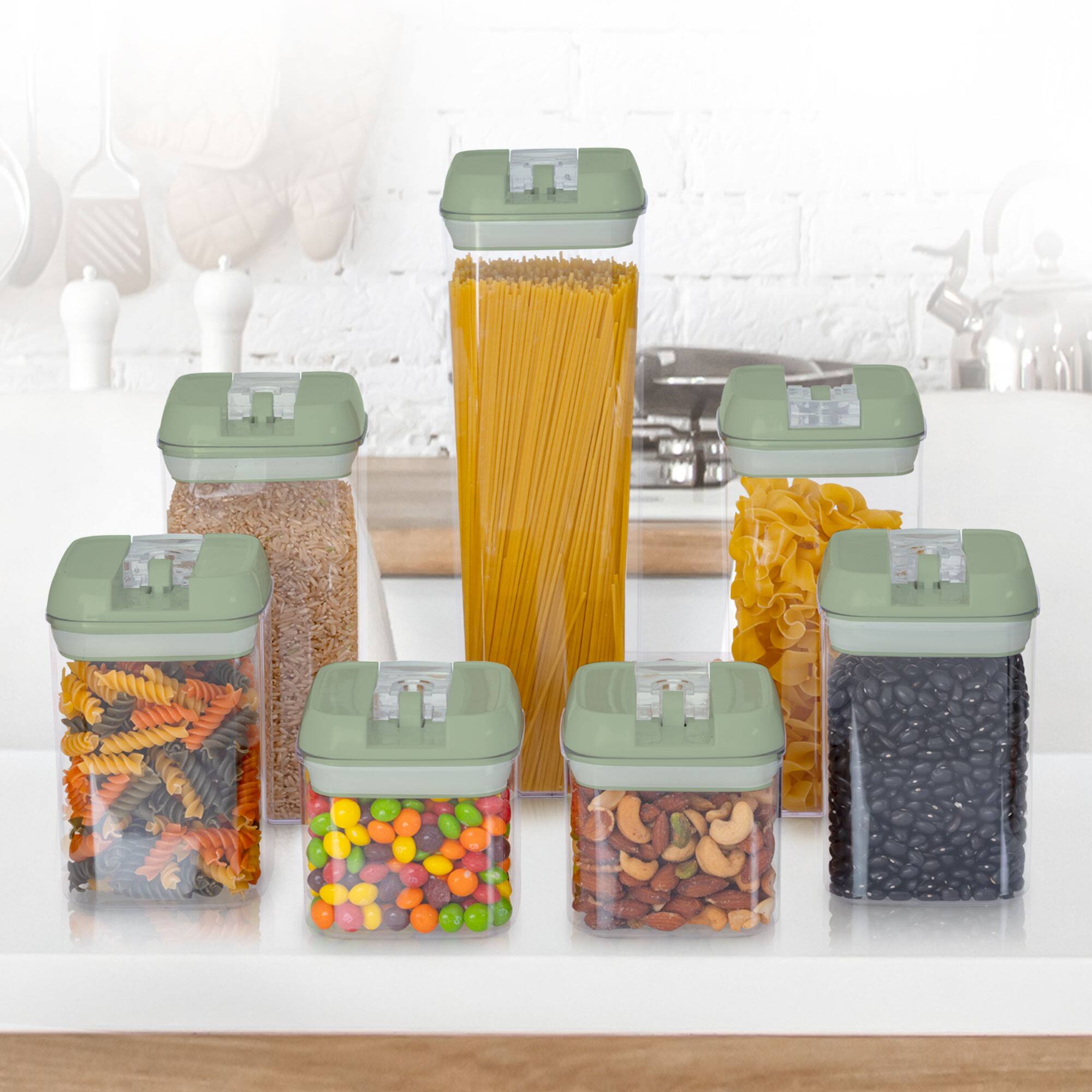 Left. Cheer Collection - 7-Piece Airtight Pantry Food Storage Container Set with Mixed Sizes, Flip-Top Lids & Reusable Labels - Mint.