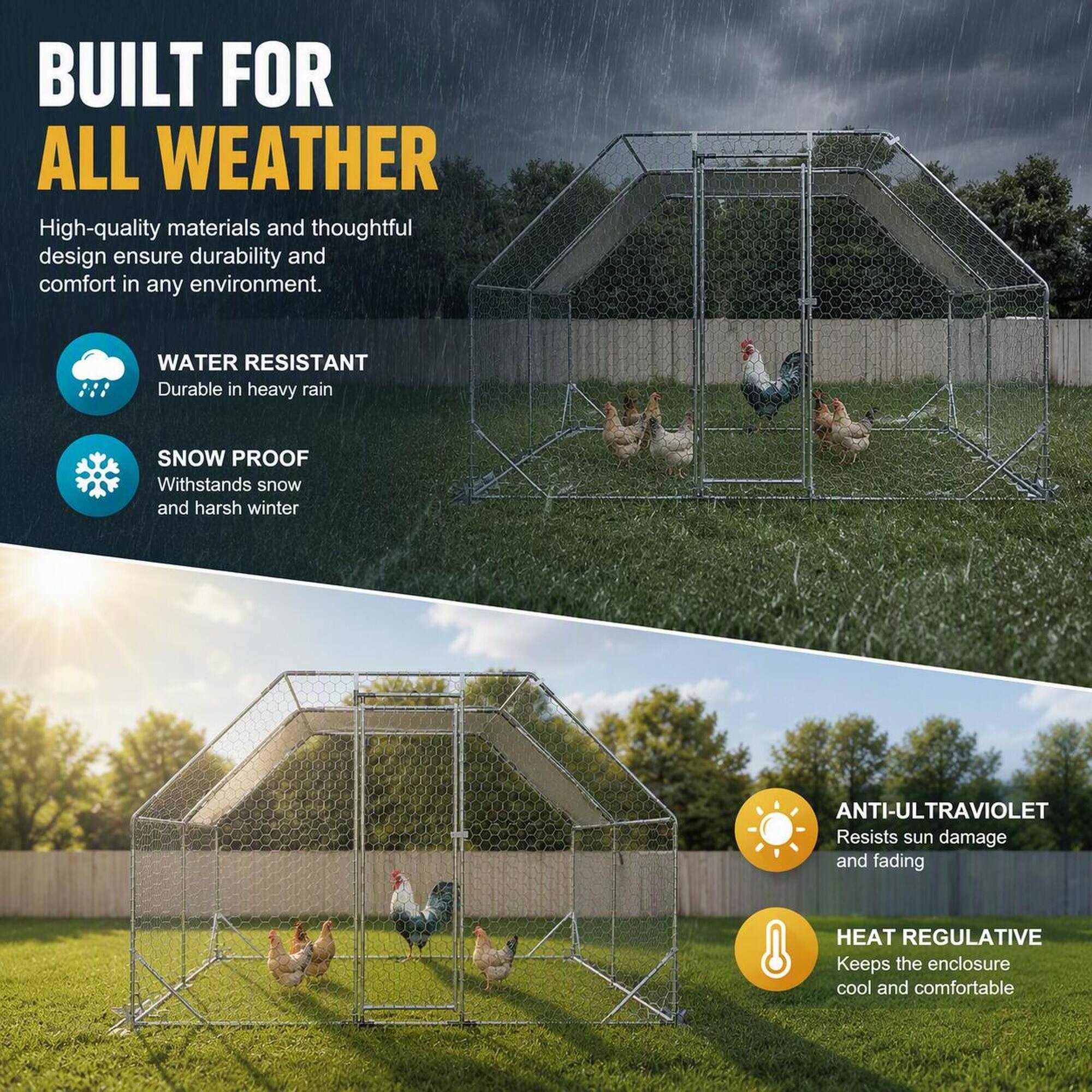 BUILT FOR ALL WEATHER

High-quality materials and thoughtful design ensure durability and comfort in any environment.

- WATER RESISTANT
  Durable in heavy rain

- SNOW PROOF
  Withstands snow and harsh winter

- ANTI-ULTRAVIOLET
  Resists sun damage and fading

- HEAT REGULATIVE
  Keeps the enclosure cool and comfortable