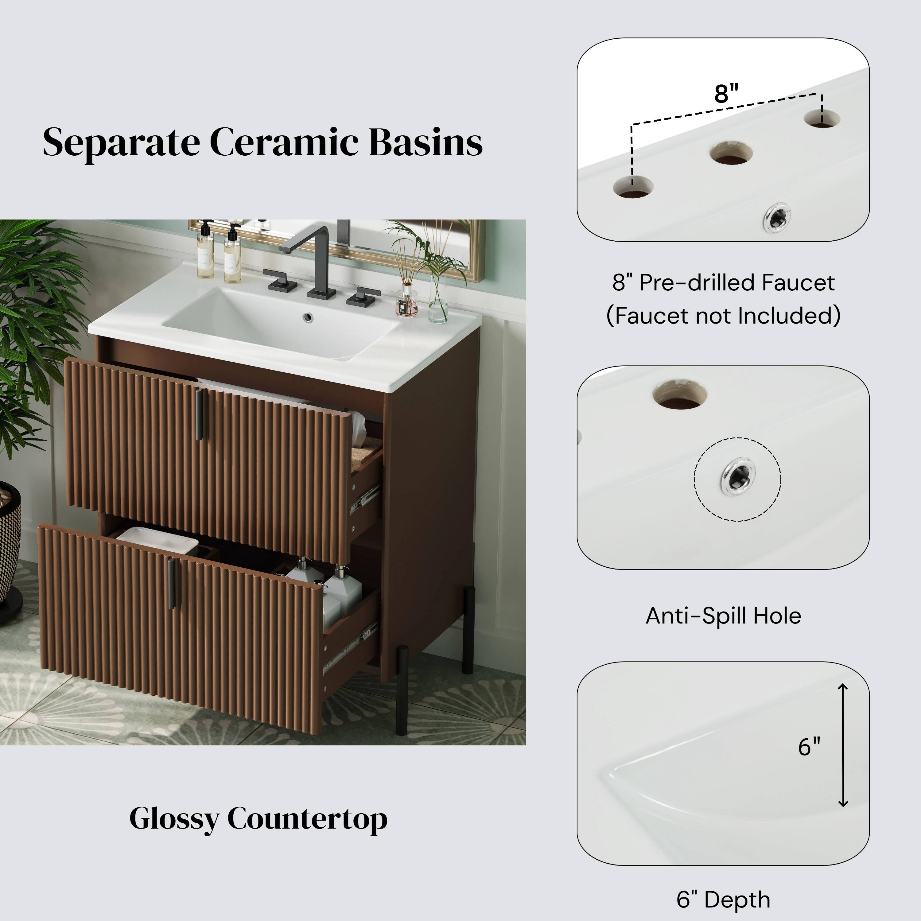 Separate Ceramic Basins  
8" Pre-drilled Faucet (Faucet not Included)  
Anti-Spill Hole  
Glossy Countertop  
6" Depth