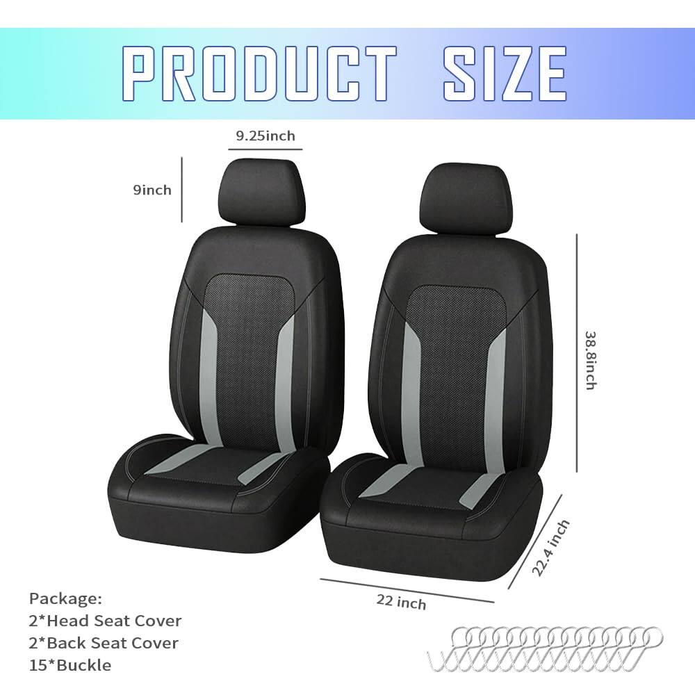 PRODUCT SIZE

9.25 inch  
9 inch  
38.8 inch  
22.4 inch  
22 inch  

Package:  
2 * Head Seat Cover  
2 * Back Seat Cover  
15 * Buckle