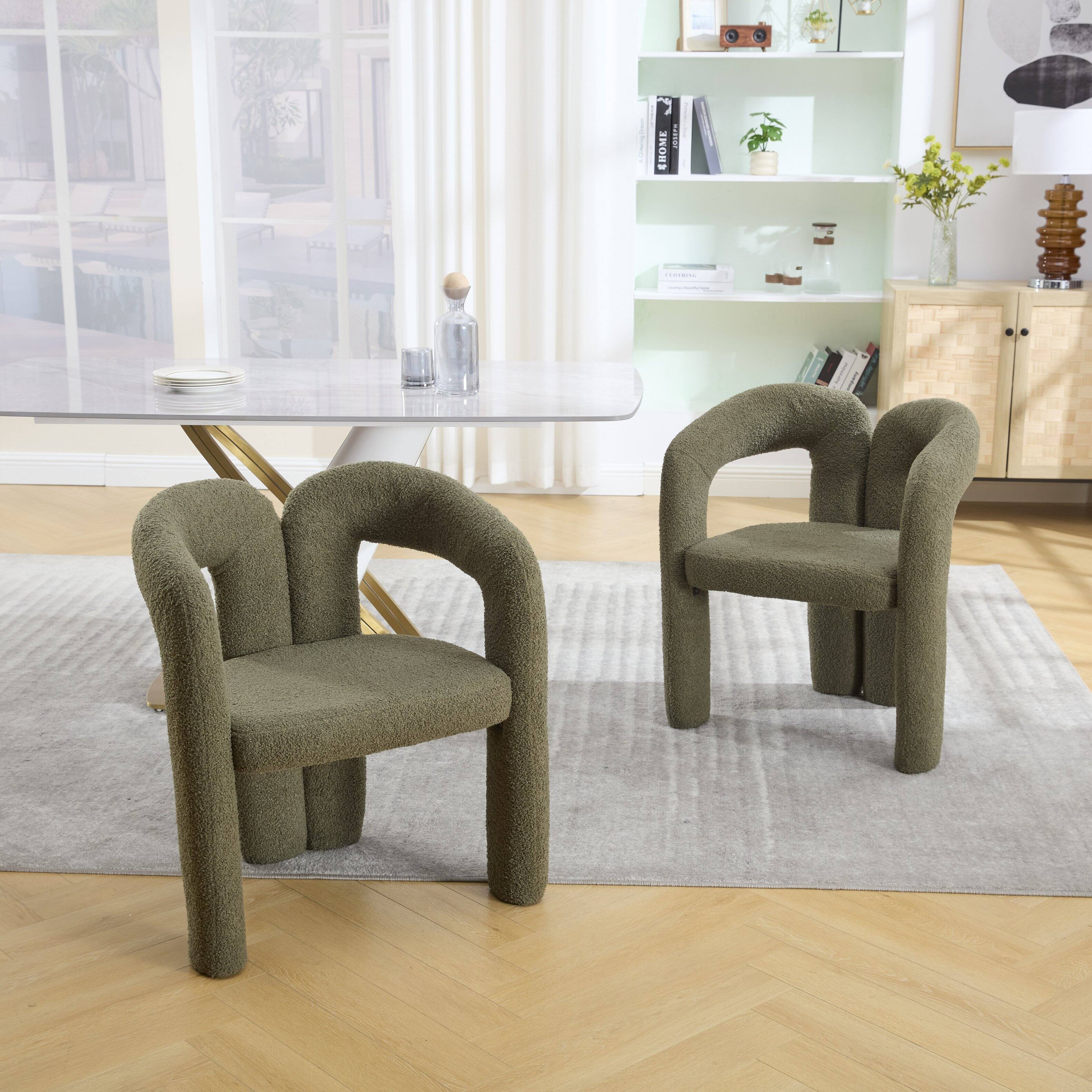 Angle. Trinkets Crazed - Modern Barrel Dining Chairs Set of 2, Teddy Velvet Fabric Upholstered Kitchen  Accent Chairs with Arms/Open Back - Olive Green.