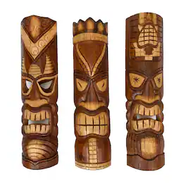 Zeckos - 24 Inch Hand Carved Tiki Mask Wall Decor Tropical Beach Home Hanging Art Set / 3 - Brown