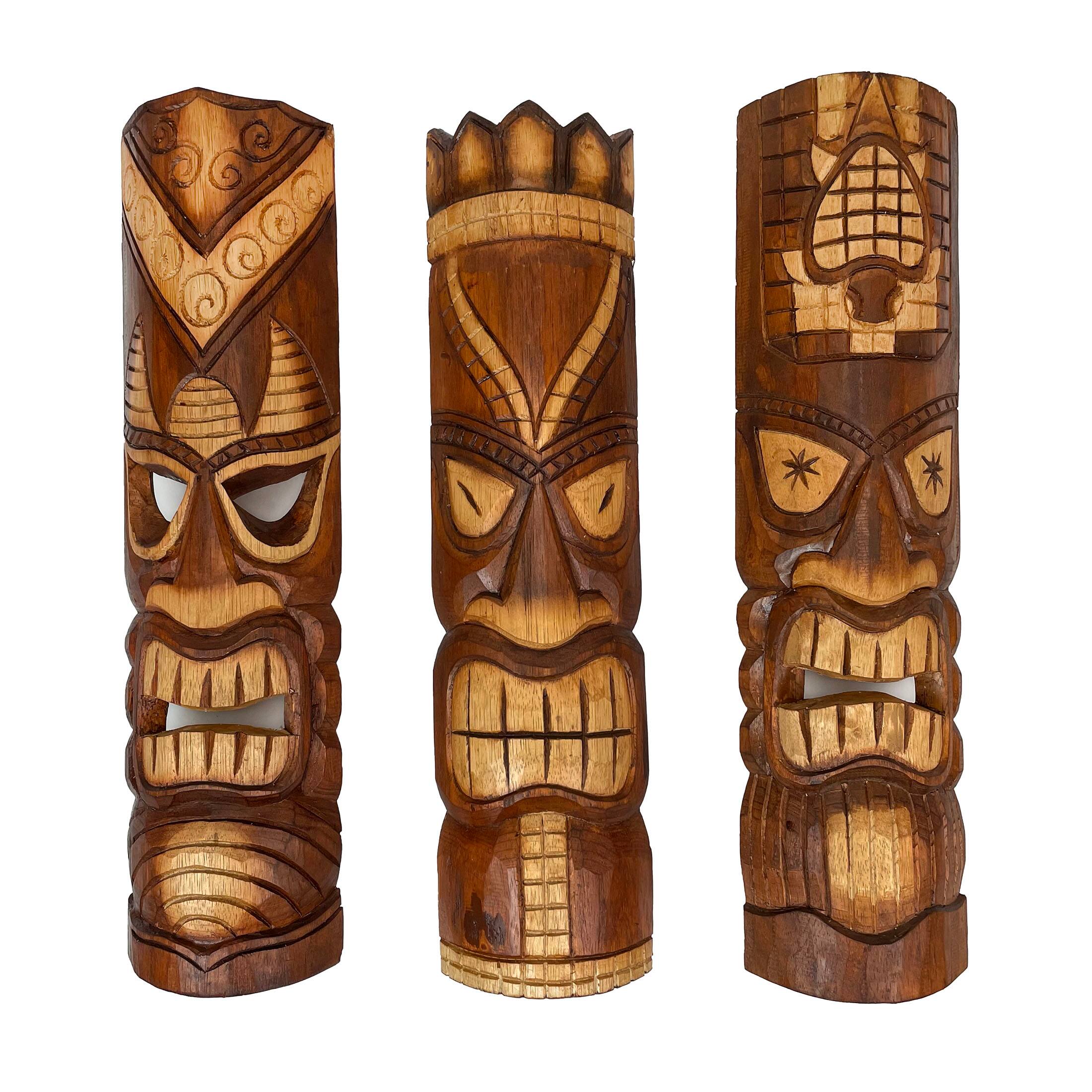 Front. Zeckos - 24 Inch Hand Carved Tiki Mask Wall Decor Tropical Beach Home Hanging Art Set / 3 - Brown.