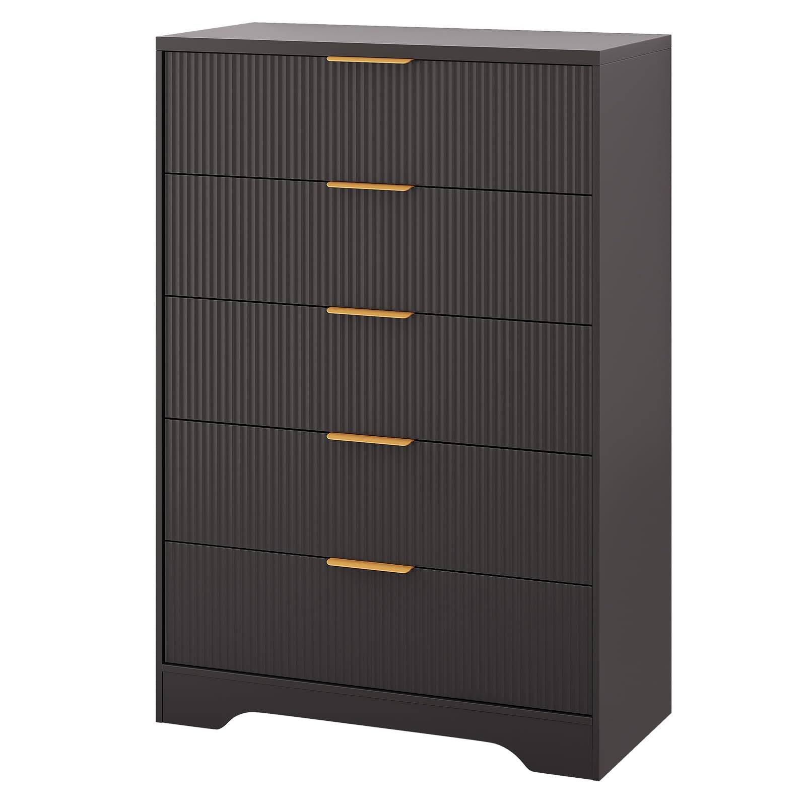Acekool - Tall Drawers Dresser for Bedroom, Modern Chest of Drawers with Waveform Fluted Panel,5 Drawer - Black