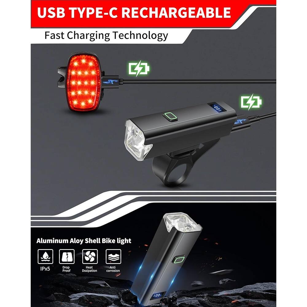 USB TYPE-C RECHARGEABLE  
Fast Charging Technology  

Aluminum Alloy Shell Bike light  
IPx5  
Drop Proof  
Heat Dissipation  
Anti Corrosion