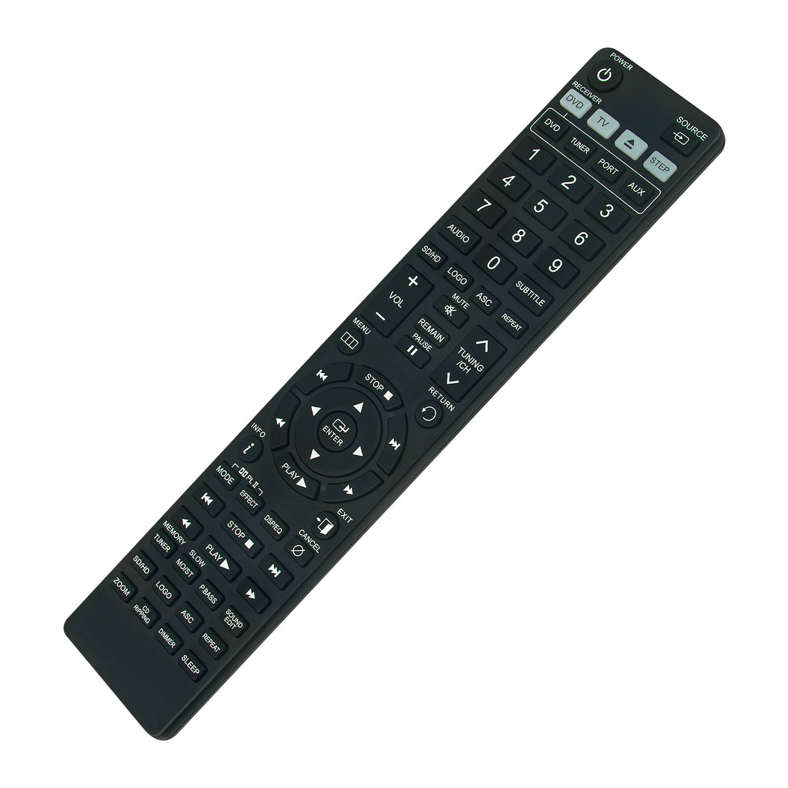 POWER  
DVD RECEIVER  
DVD TV SOURCE TUNER  
1 S1 PORT STEP 4 2 AUX 7 5 3 AUDIO 8 6 HNOE 0 9 + LOGO VOL MUTE ASC SUBTITLE -  
MENU REMAIN REPEAT ... PAUSE " TUNING ICH  STOP . RETURN INFO ENTER G i  
MODE DPLO PLAY  H EFFECT  DSPIEO EXIT MEMORY STOP TUNER PLAY CANCEL SDMO MO/ST SLOW  
ZOOM LOGO PBASS  APPNG ASC SOUND DINNER REPEAT SLEEP