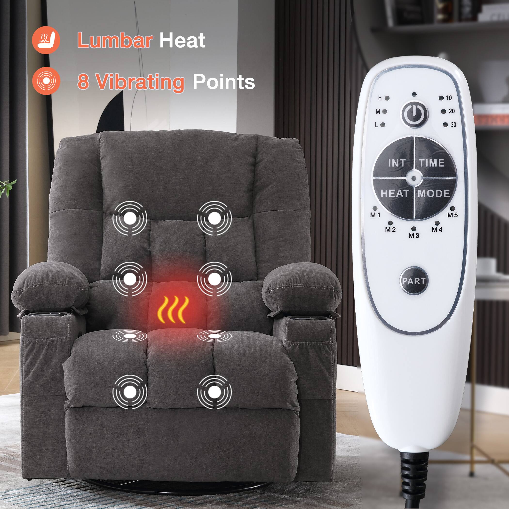 Lumbar Heat  
8 Vibrating Points  

10 M  
20 L  
30 INT TIME  
HEAT MODE  
M1 M5 M2 M3 M4  
PART
