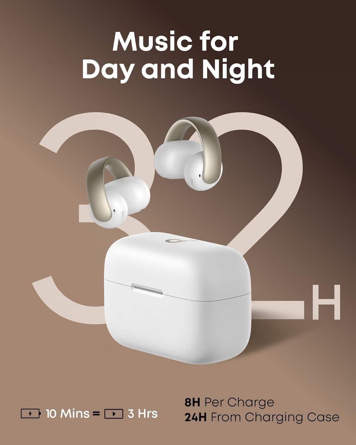 Music for Day and Night
32H
10 Mins = 3 Hrs
8H Per Charge
24H From Charging Case