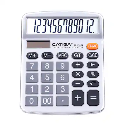 1234567899 12 CATIGA CD-2786-12 TWO POWER CALCULATOR ON/AC M+ M- MRC GT C/CE 7 4 1 0 8 5 2 00 9 6 3 X + % =