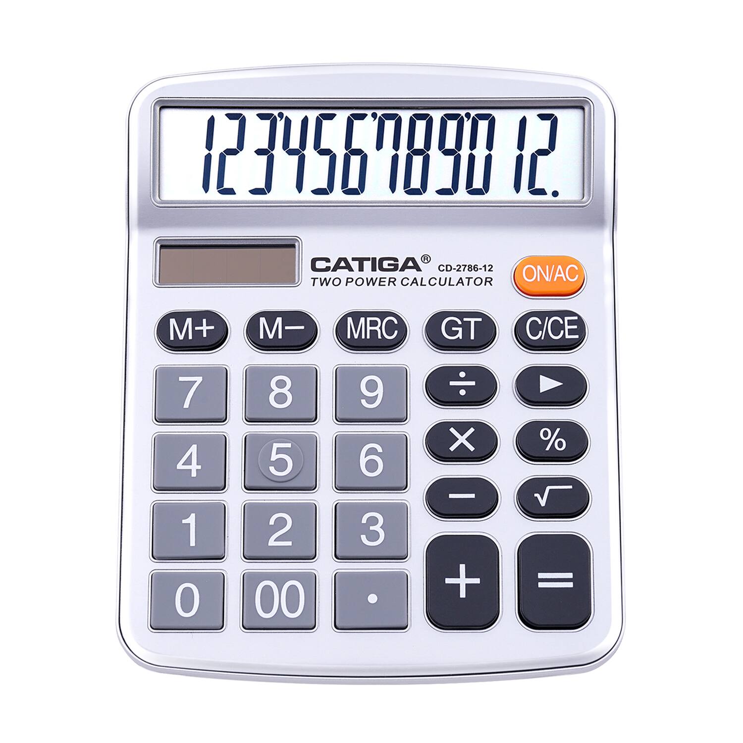 1234567899 12 CATIGA CD-2786-12 TWO POWER CALCULATOR ON/AC M+ M- MRC GT C/CE 7 4 1 0 8 5 2 00 9 6 3 X + % =